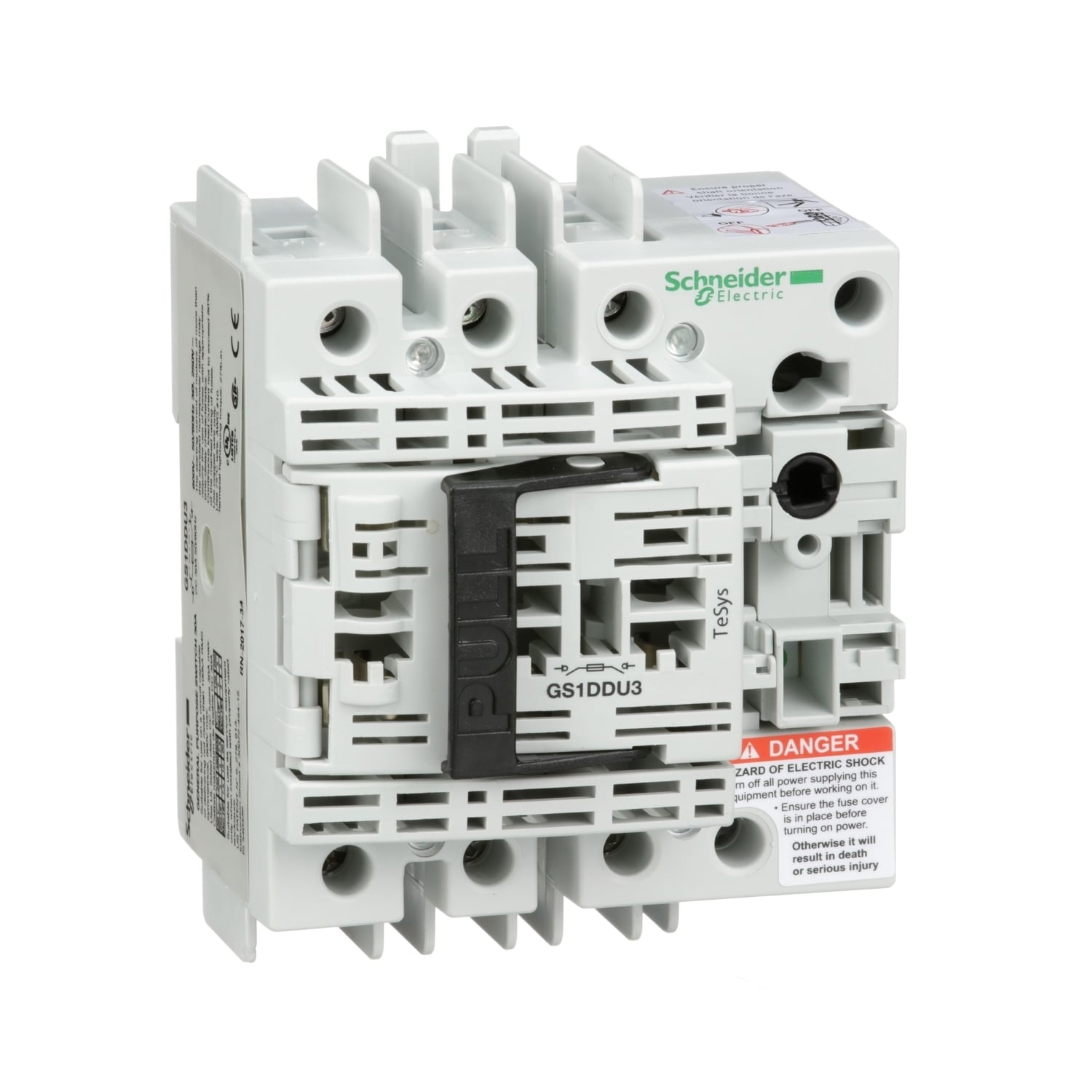 GS1DDU3 TeSys Compact Fusible Disconnect Switch With Terminal Cover, 600 V AC, 30 A, 3 hp, 7-1/2 hp, 15 hp, 3NO 3 Form A Contact, 3 Poles
