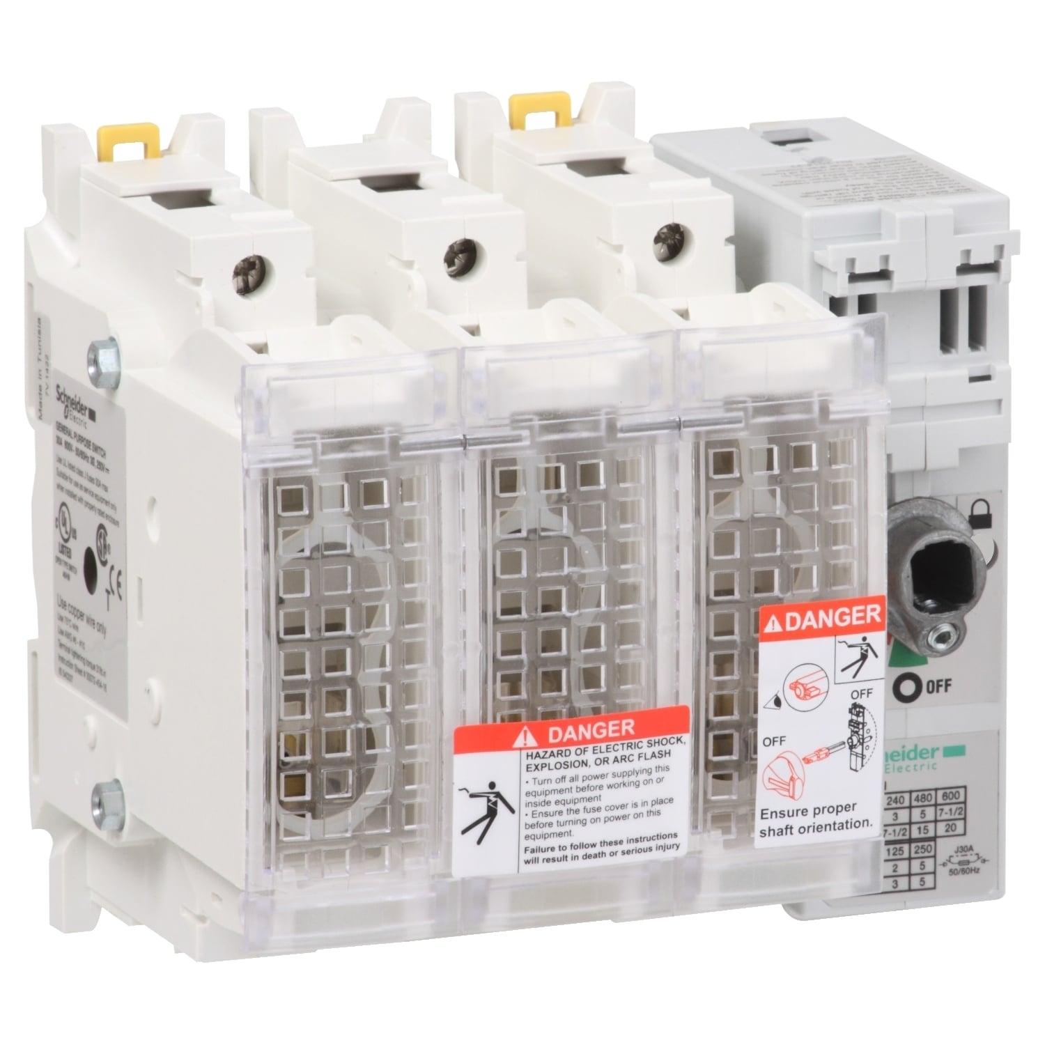 GS2EU3N TeSys Fusible Disconnect Switch With Terminal Cover, 600 V AC, 30 A, 20 hp, 3NO 3 Form A Contact, 3 Poles