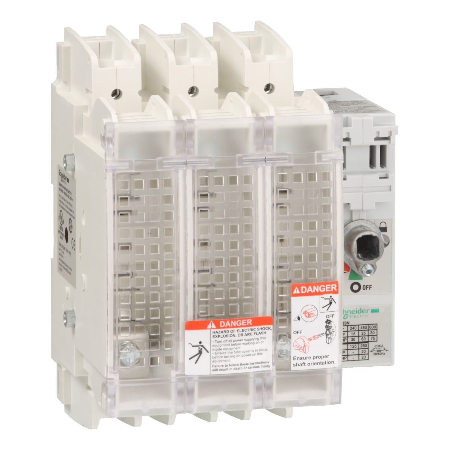 GS2JU3N TeSys Fusible Disconnect Switch With Terminal Cover, 600 V AC, 100 A, 75 hp, 3NO 3 Form A Contact, 3 Poles