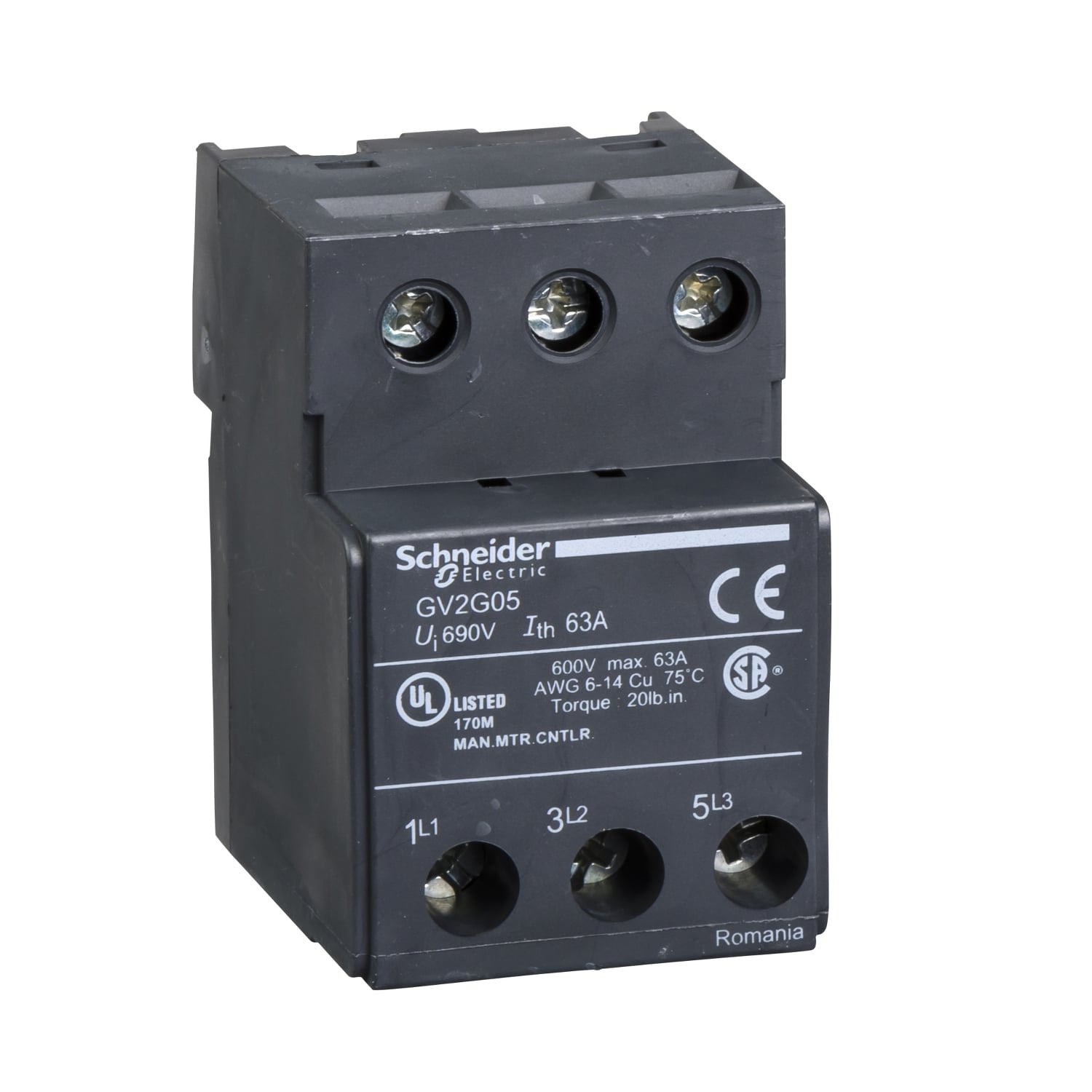 GV2G05 Linergy Terminal Block, For Use With TeSys GV2, U, D, K Motor Starter, 690 V AC, 63 A, IP20, Screw Clamp Terminal, 3-Pole, Top Mount