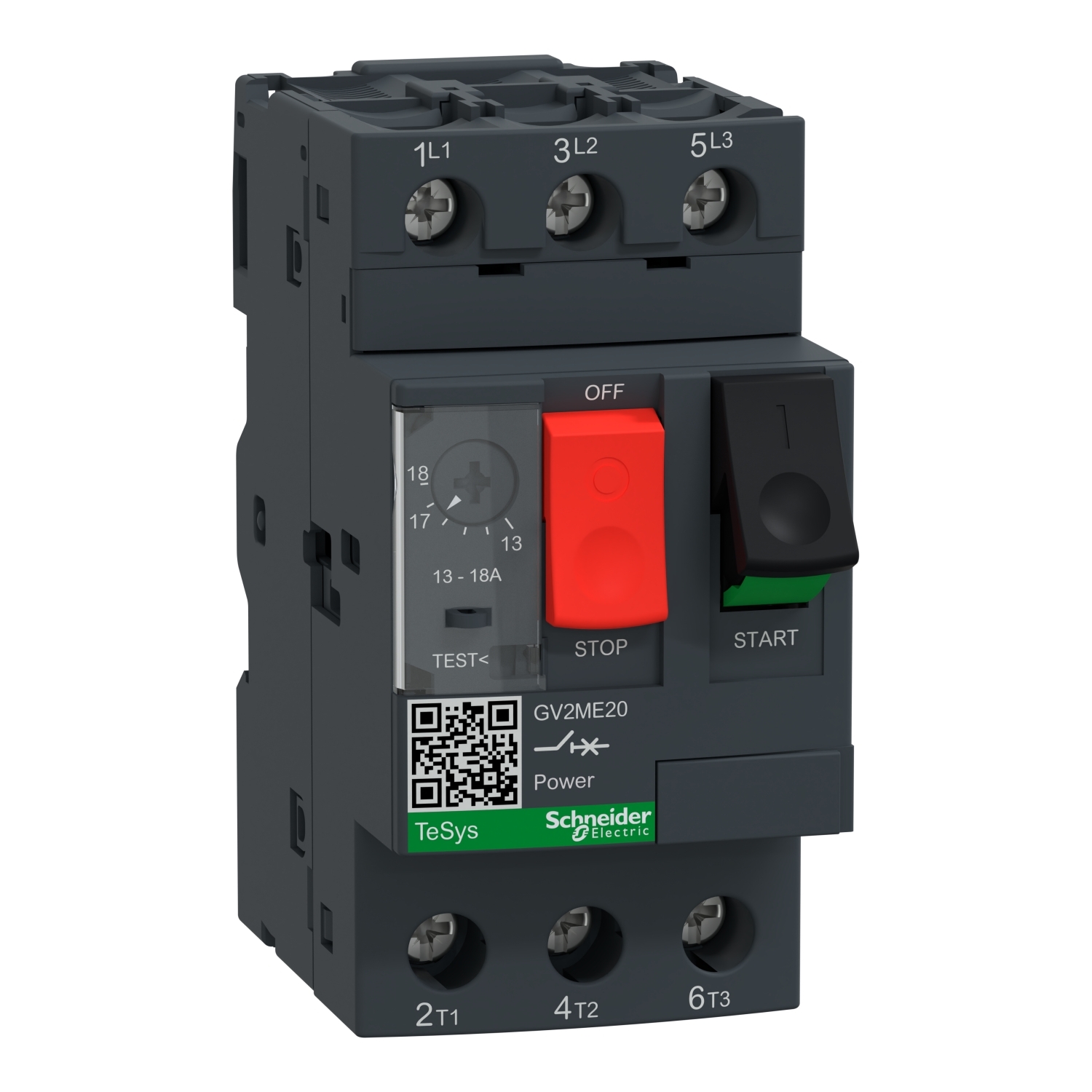 GV2ME20 GV2 Non-Reversing Metallic 3-Pole Circuit Breaker, 600 V AC, 18 A, 3 kA Interrupt, 3 Poles, Thermal Magnetic Trip