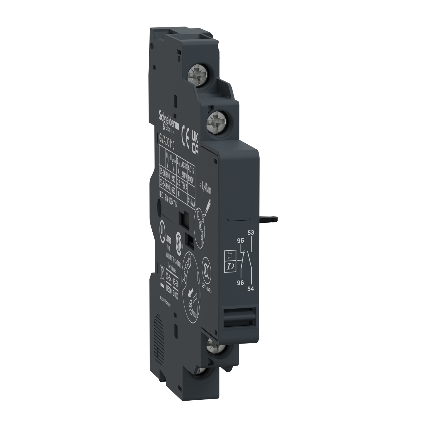 GVAD0110 TeSys Type GVAD Auxiliary Contact Block, 48 to 690 V AC/24 to 240 V DC, 6 A, 1NO-1NC Contacts