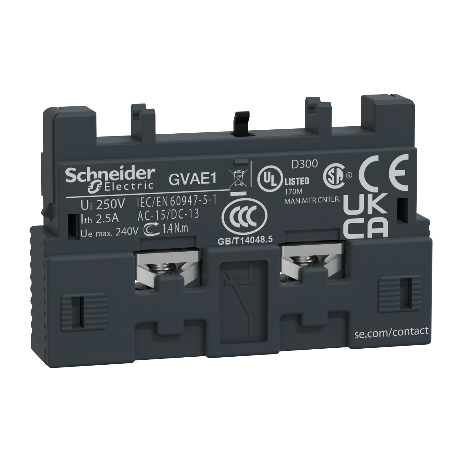 GVAE1 TeSys Auxiliary Contact Block, 2 Poles, For Use With GV2L and GV2LE Manual Switch, GV2ME, GV2P, GV2RT, GV3L and GV3P Manual Starter