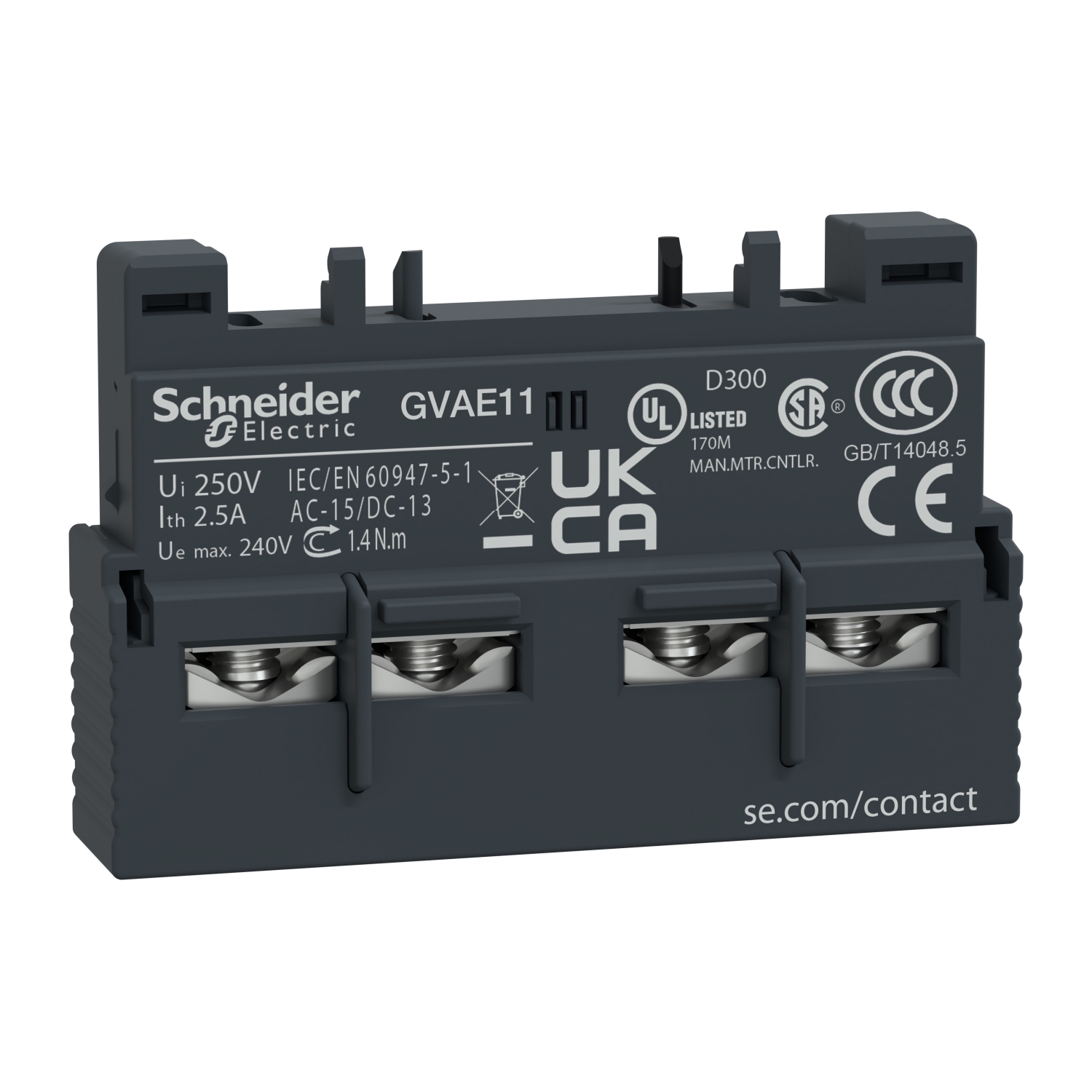 GVAE11 TeSys Auxiliary Contact Block, 2 Poles, For Use With GV2L and GV2LE Manual Switch, GV2ME, GV2P, GV2RT, GV3L and GV3P Manual Starter