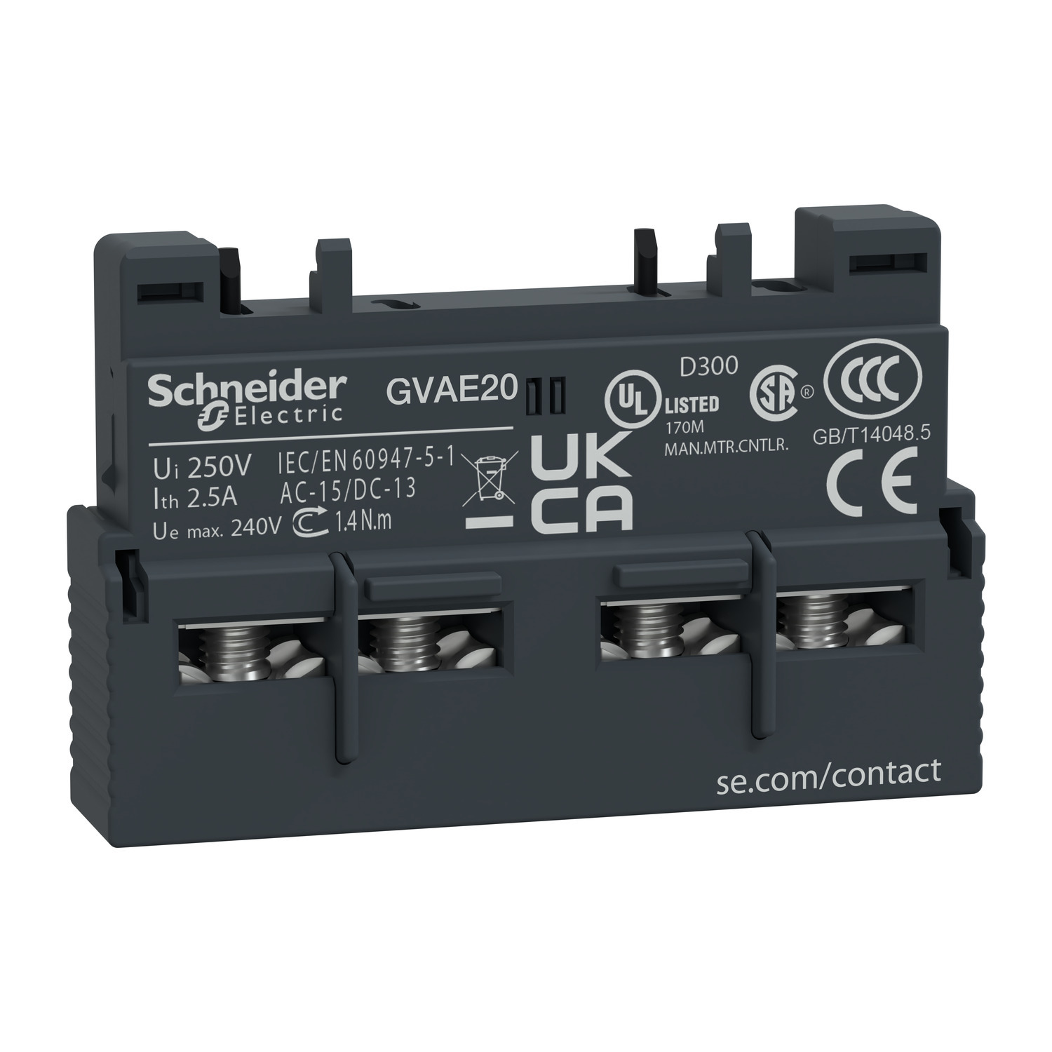 GVAE20 TeSys Auxiliary Contact Block, 2 Poles, For Use With GV2L and GV2LE Manual Switch, GV2ME and GV3P Manual Starter