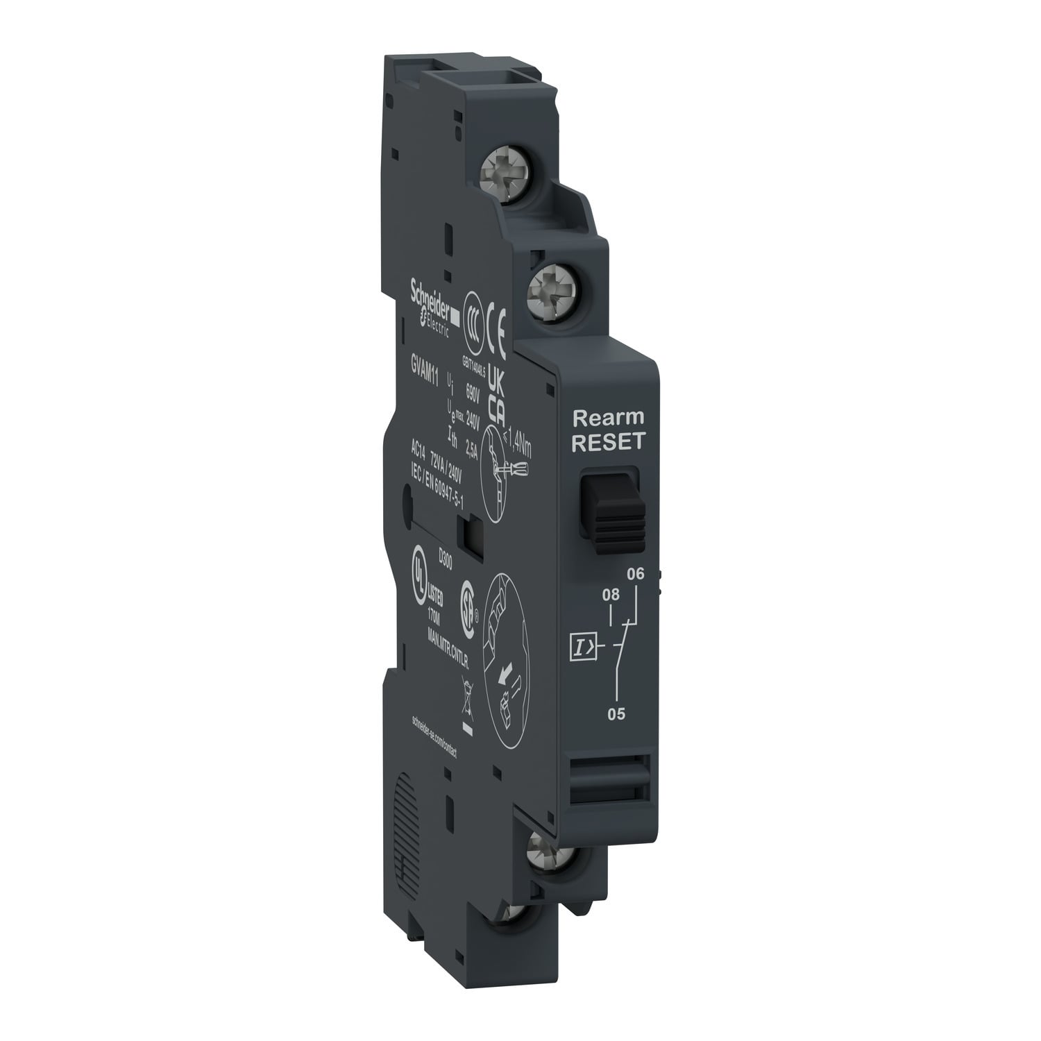 GVAM11 TeSys Type GVAM Auxiliary Contact Block, 24 to 240 V AC/24 to 60 V DC, 2.5 A, 1CO Contacts