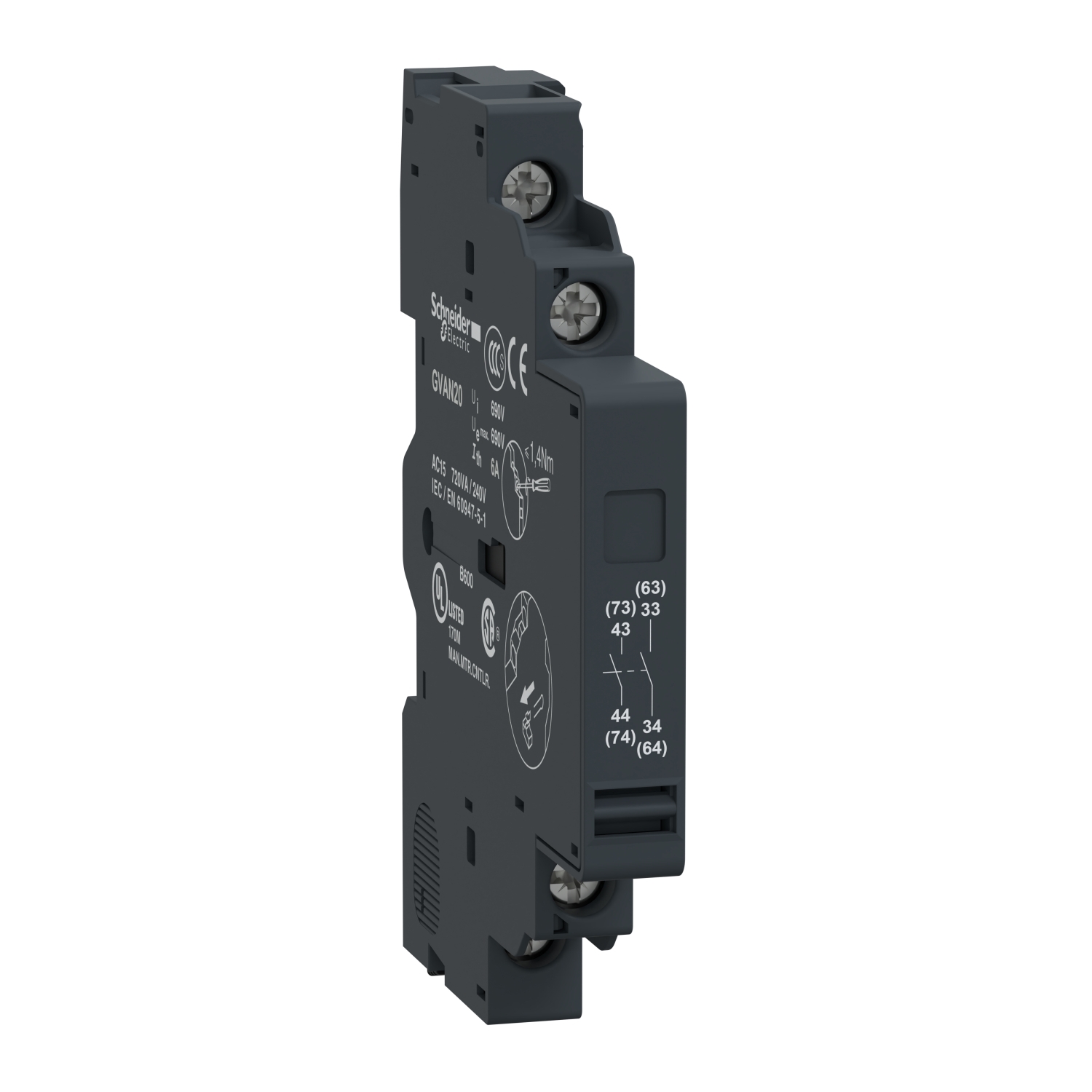 GVAN20 TeSys Type GVAN Auxiliary Contact Block, 48 to 690 V AC/24 to 240 V DC, 6 A, 2NO Contacts