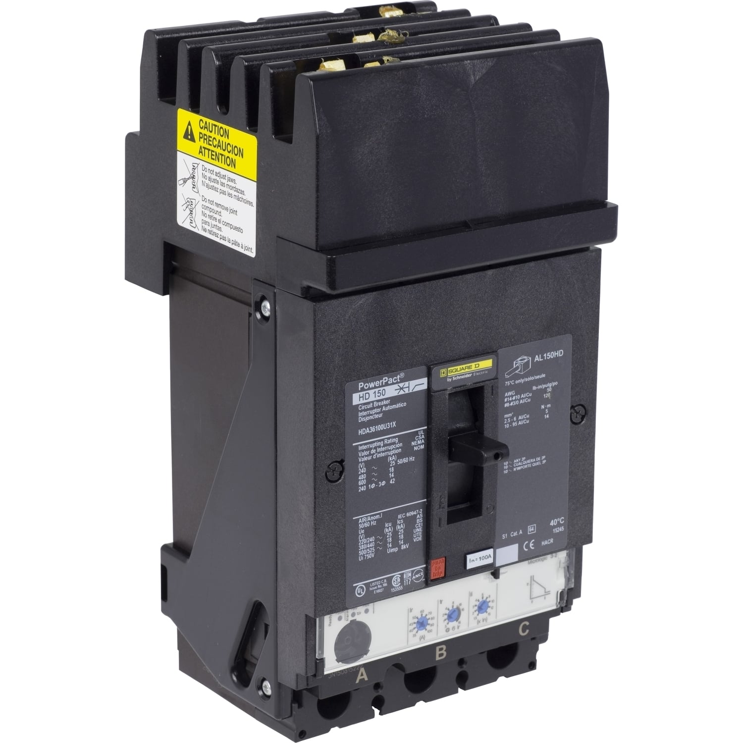HDA36100U44X I-Line PowerPact Type HDA Molded Case Circuit Breaker, 600 V AC, 100 A, 14/18/25 kA Interrupt, 3 Poles, Electronic Trip