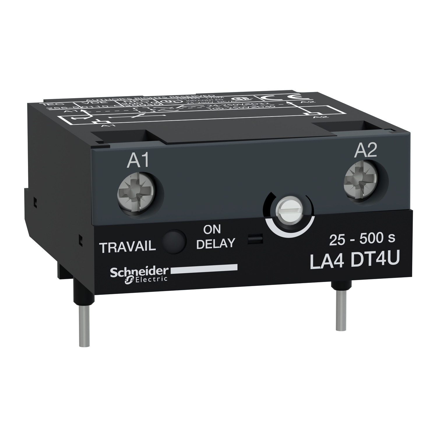 LA4DT4U TeSys D Electronic Timer Module, 3 Poles, For Use With 4-Pole LC1DT20 to DT40 Contactor and 3-Pole LC1D09 to D38 Contactor
