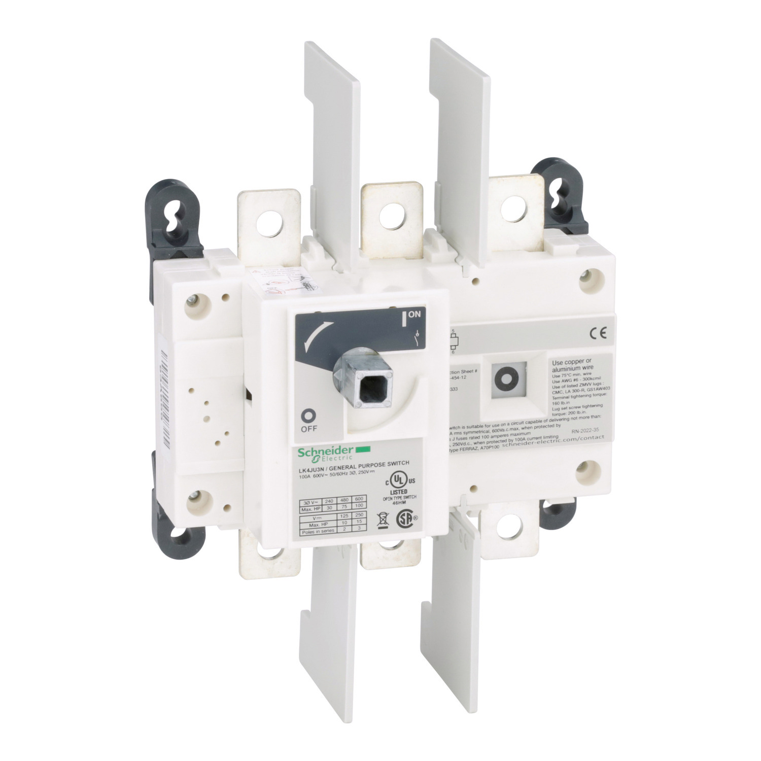 LK4JU3N TeSys Non-Fusible Disconnect Switch, 600 V AC, 100 A, 100 hp, 3 Poles