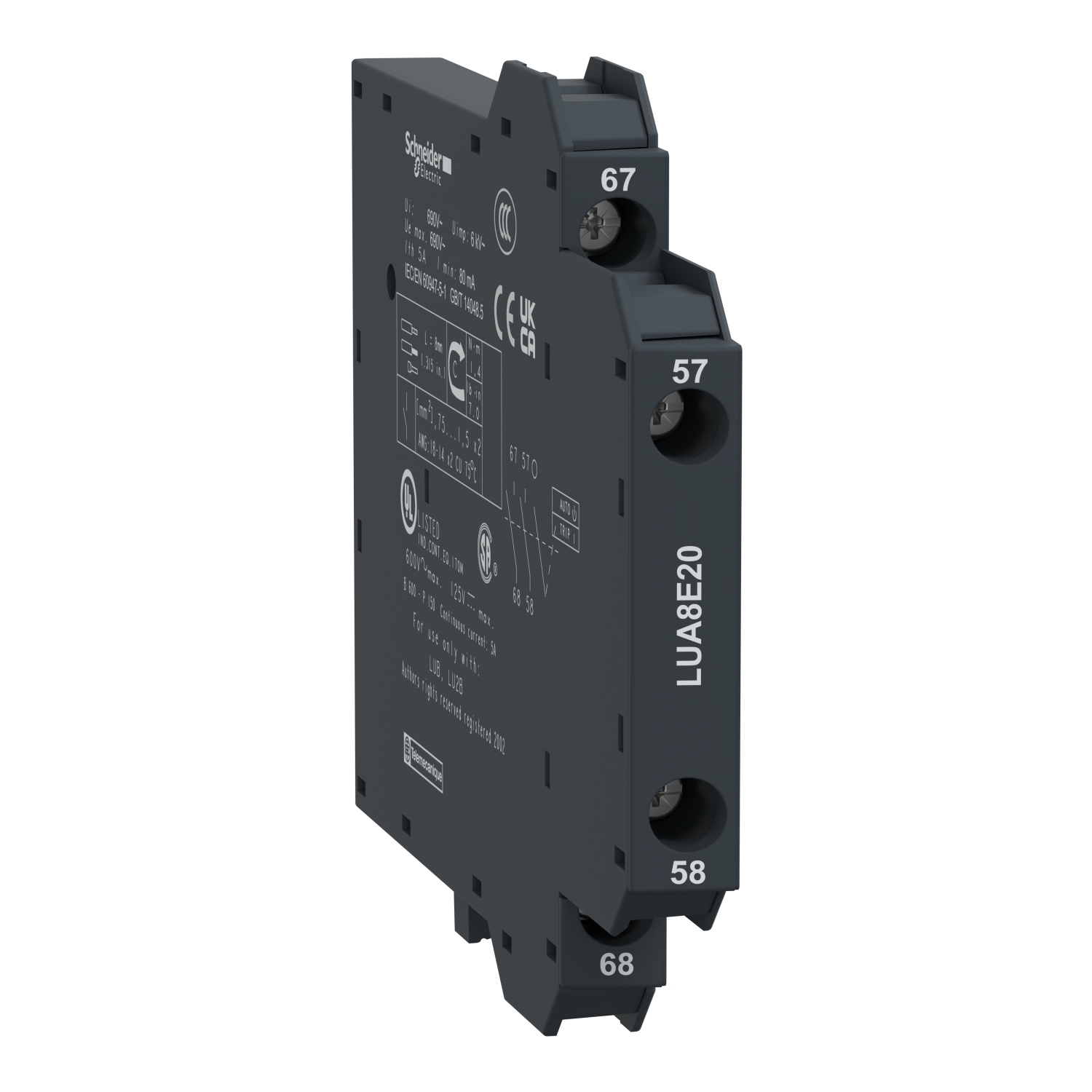 LUA8E20 Auxiliary Contact Block, 24 to 250 V AC/DC, 5 A, 2NO Contacts