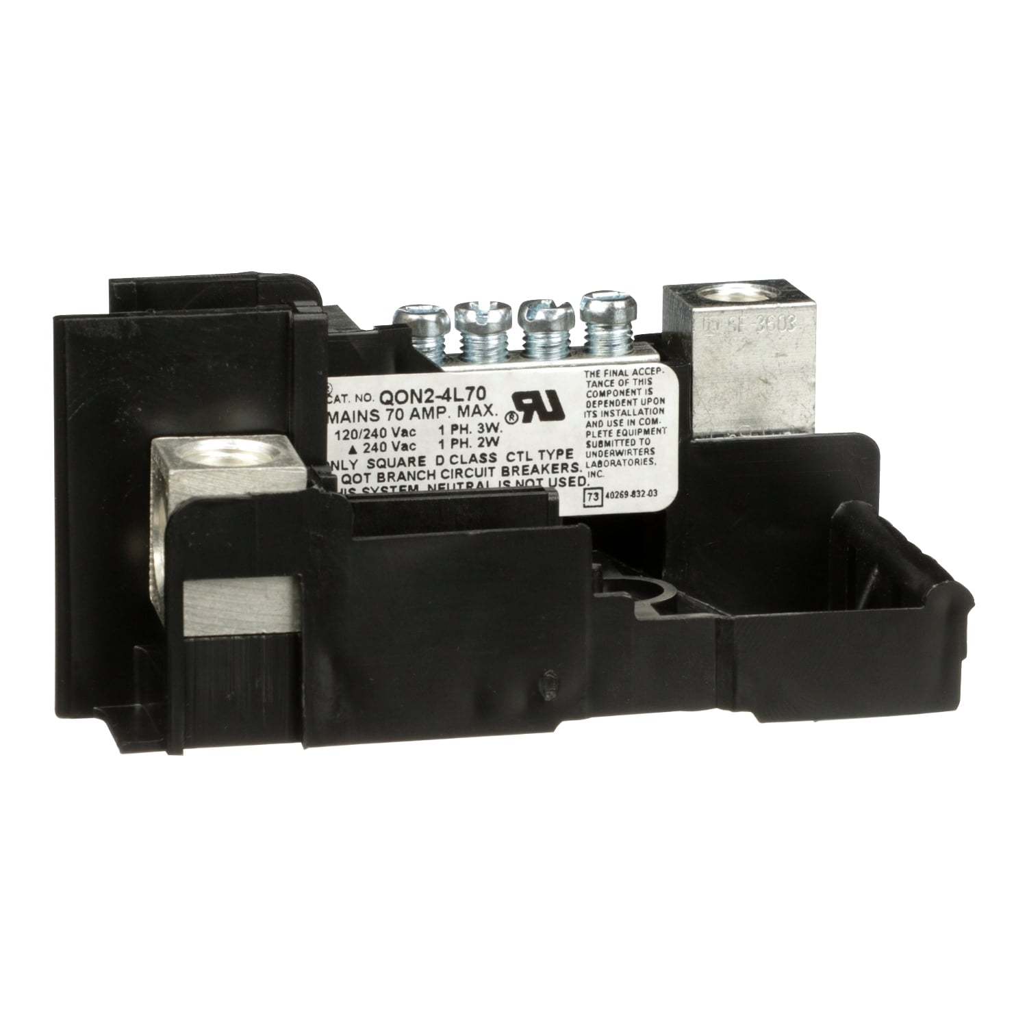 QON24L70 Type OEM Mounting Base, For Use With QO QO-GFI, QO-AFI, QO-EPD Unit Mounting Circuit Breaker and Loadcenter, 70 A at 120/240 V AC, 10 kA Interrupt Rated, 1-Phase, 2-Wire, 12 to 3 AWG Aluminum, 14 to 4 AWG Copper, 1-Pole 2-Spaces