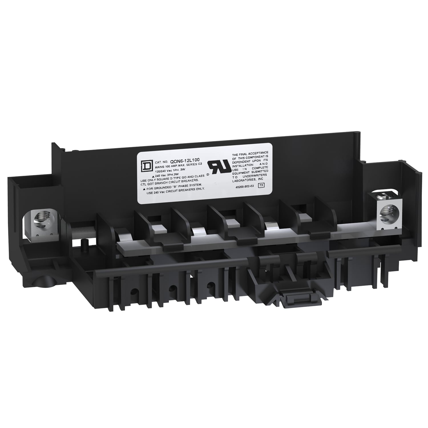 QON612L100 Type OEM Mounting Base, For Use With QO QO-GFI, QO-AFI, QO-EPD Unit Mount Circuit Breaker and Loadcenter, 100 A at 120/240 V AC, 10 kA, 1-Phase, 3-Wire, 8 to 1/0 AWG Al/Cu, 1-Pole, 6-Space