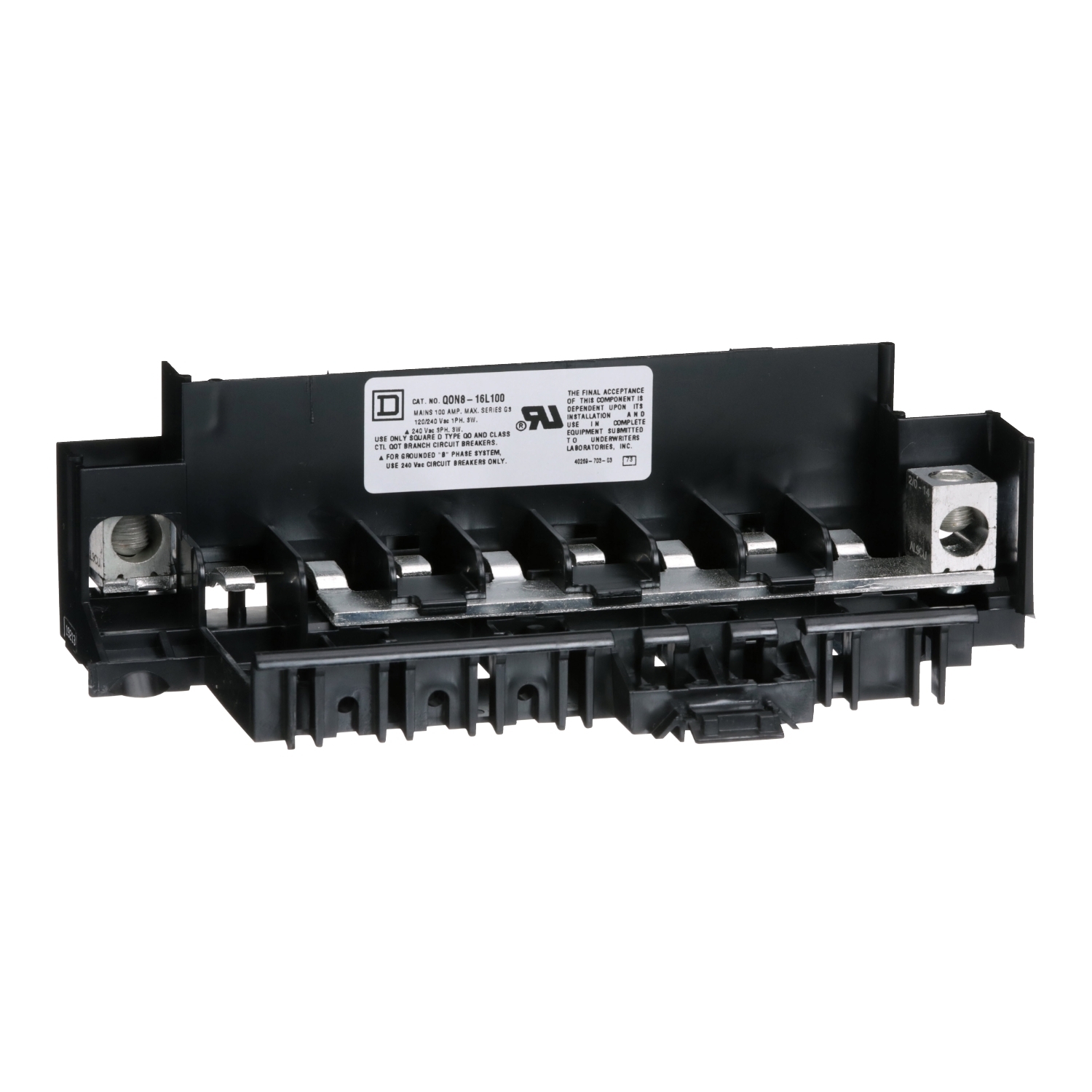 QON816L100 OEM Mounting Base, For Use With QO, QO-GFI, QO-EPD Circuit Breaker, 1-Phase, 8-Space, 3-Wire, 120/240 V AC, 100 A, 10 kA Interrupt Rating, 8 to 1/0 AWG Al/Cu Wire, Tin Plated Aluminum Busbar