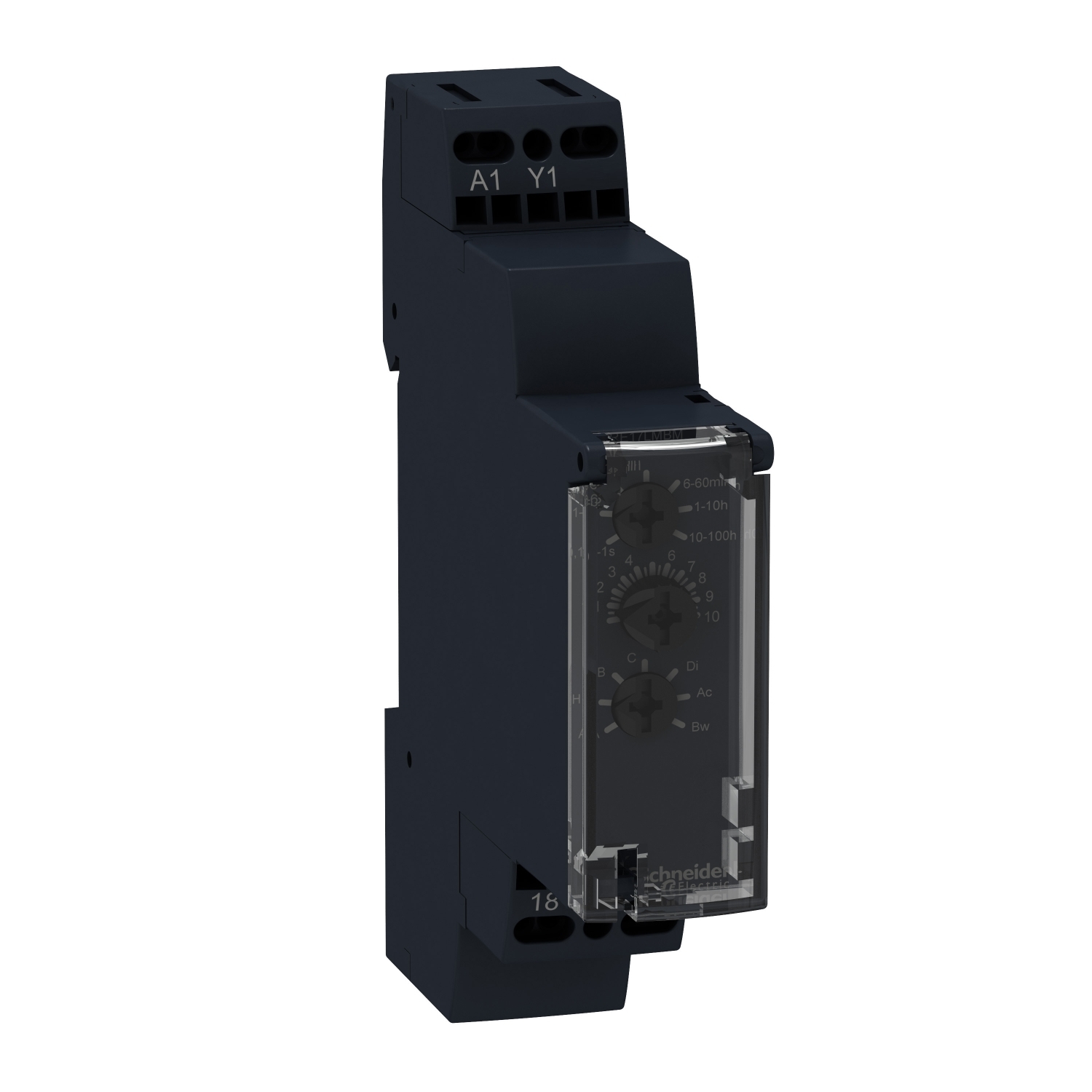 RE17LMBM Zelio 10-Function Modular Timing Relay With Solid State Output, 0.1 sec to 100 hr Setting, 24 to 240 V AC, 1 Form C SPDT Contact, 1 Poles