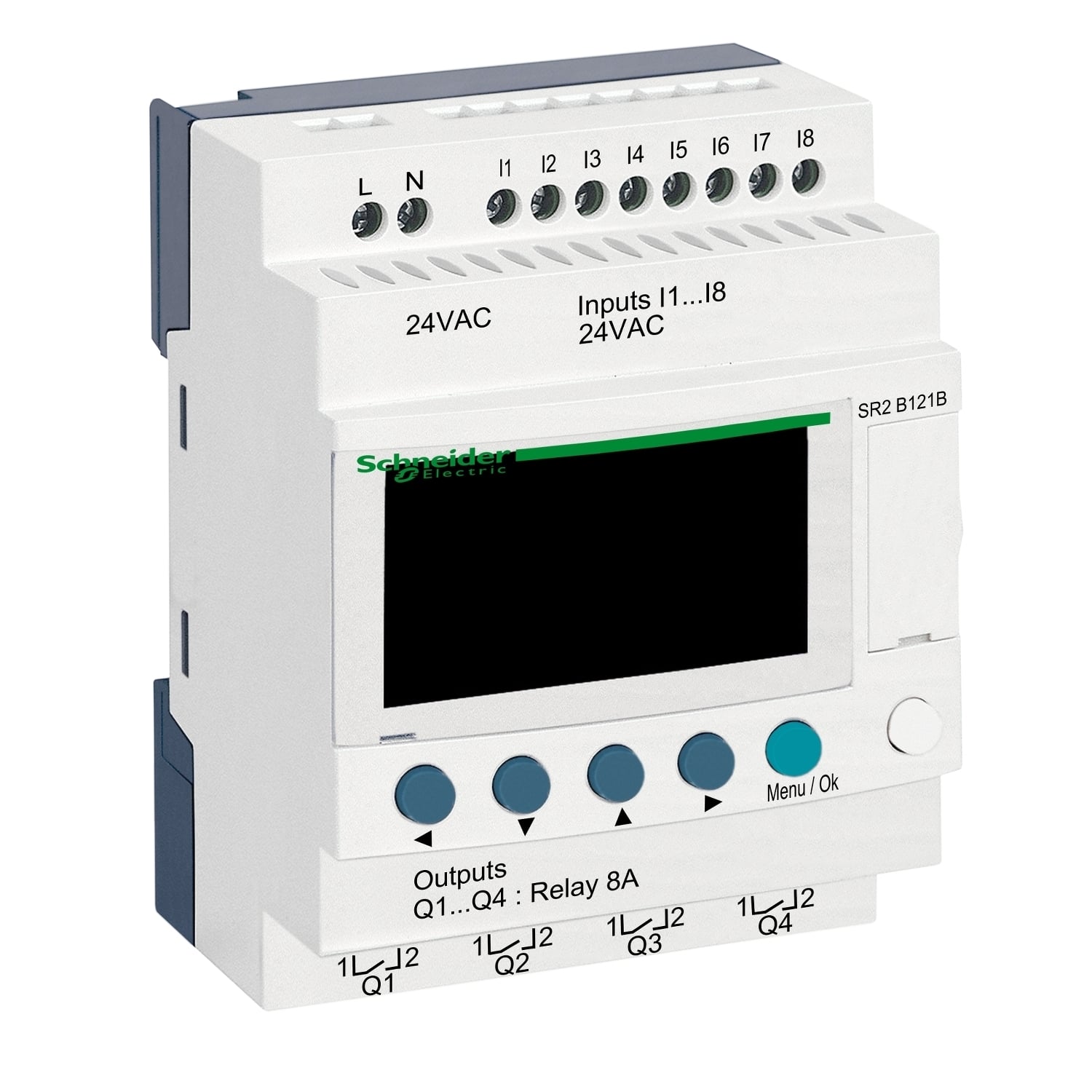SR2B121B Compact Smart Relay With Display and Integrated Clock, 24 V AC Supply, 8 Inputs, 4 Outputs, Discrete Input, Relay Output