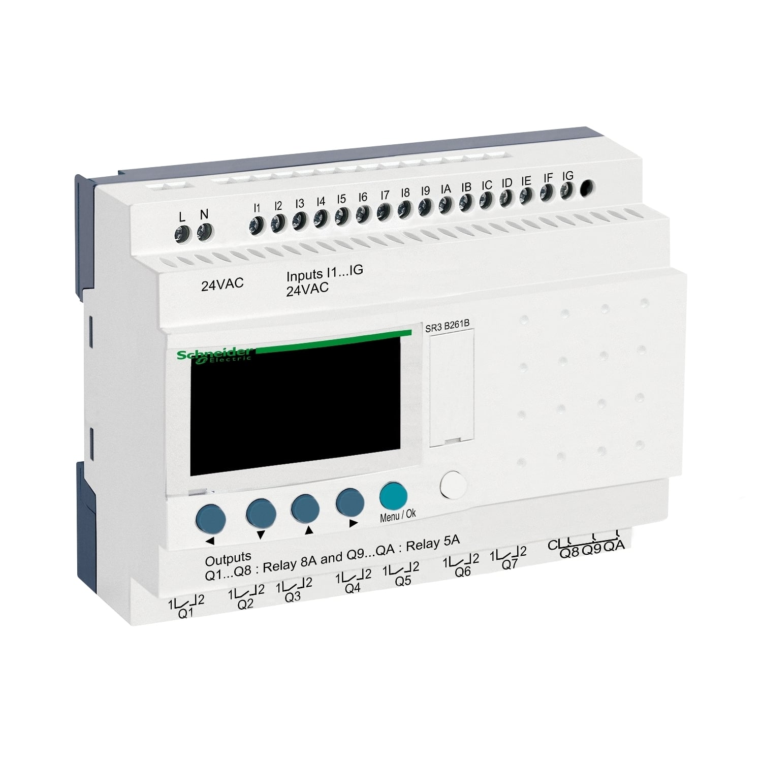 SR3B261B Modular Compact Smart Relay With Display and Integrated Clock, 24 V AC Supply, 16 Inputs, 10 Outputs, Discrete Input, Relay Output