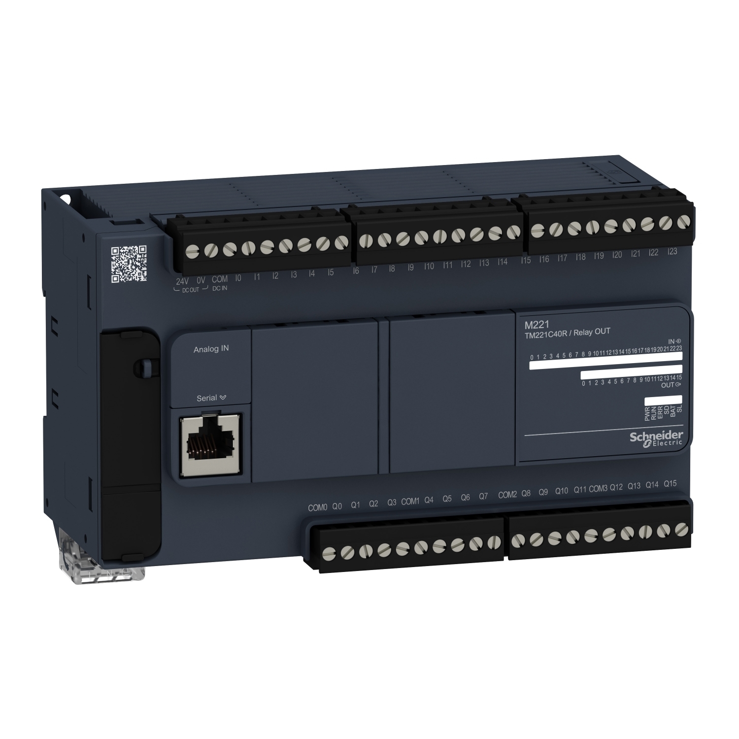 TM221C40R M221 Compact Logic Controller, 100 to 240 V AC/24 V DC, 2 A, 24 Inputs, 16 Outputs, 5 to 125 V DC, 5 to 250 V AC Relay Normally Open, 7 mA Discrete, 5 mA Fast Input Signal Range
