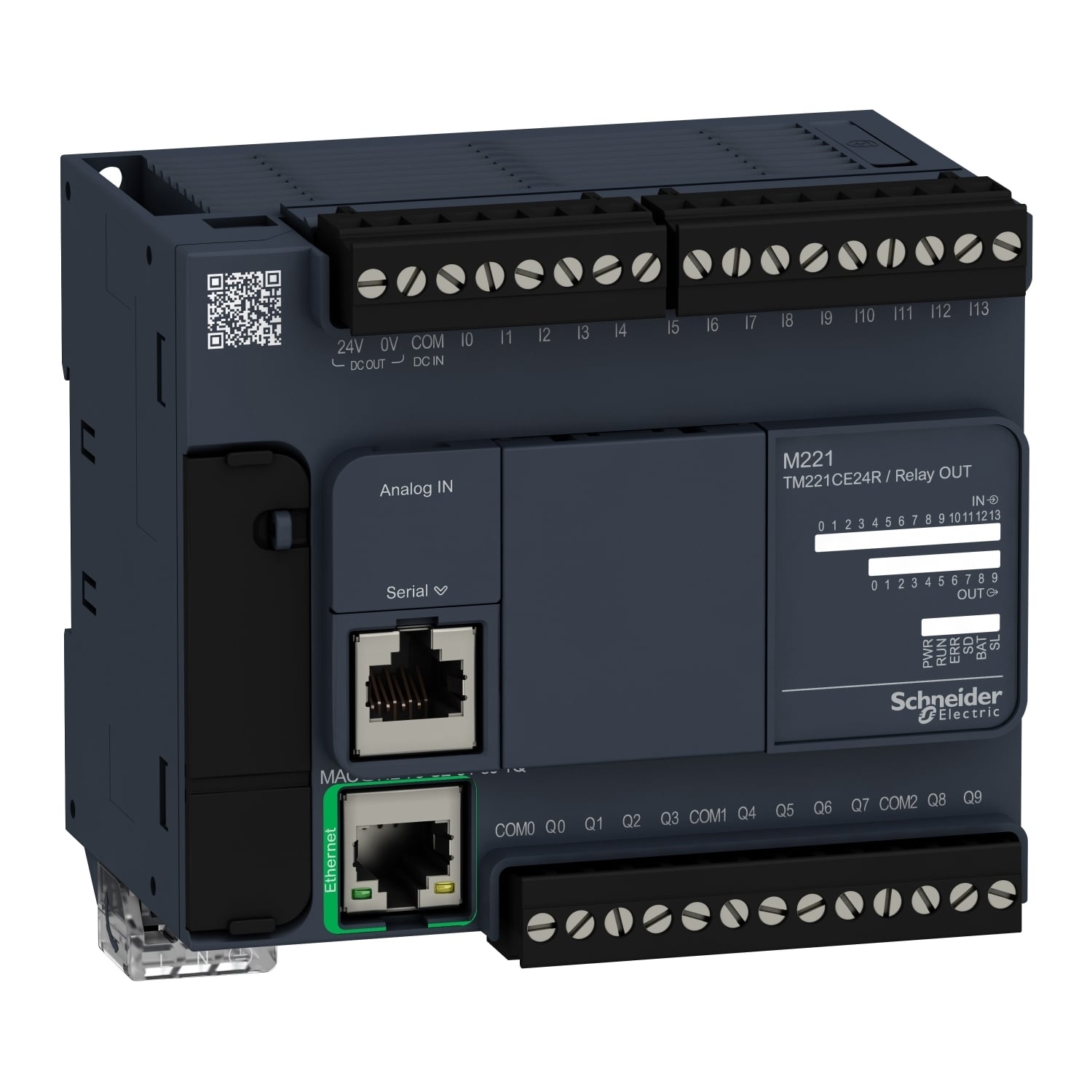 TM221CE24R Modicon M221 Compact Logic Controller With Embedded Ethernet Port, 100 to 240 V AC, 2 A, 14 Inputs, 10 Outputs, 5 to 250 V AC, 5 to 125 VDC Relay Normally Open Signal Range