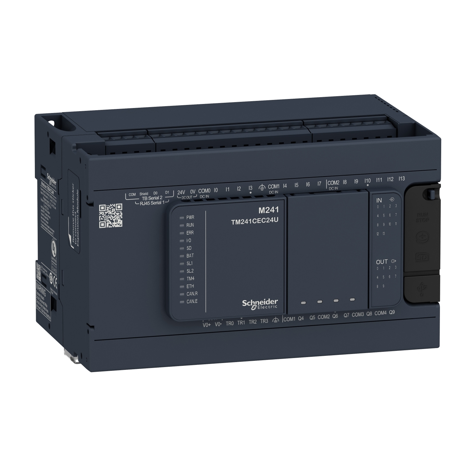 TM241C24R Modicon Logic Controller With Realtime Clock, 100 to 240 V AC, 5 mA Input, 14 Discrete/8 Fast Inputs, 6 Relay/4 Transistor/4 Fast Outputs