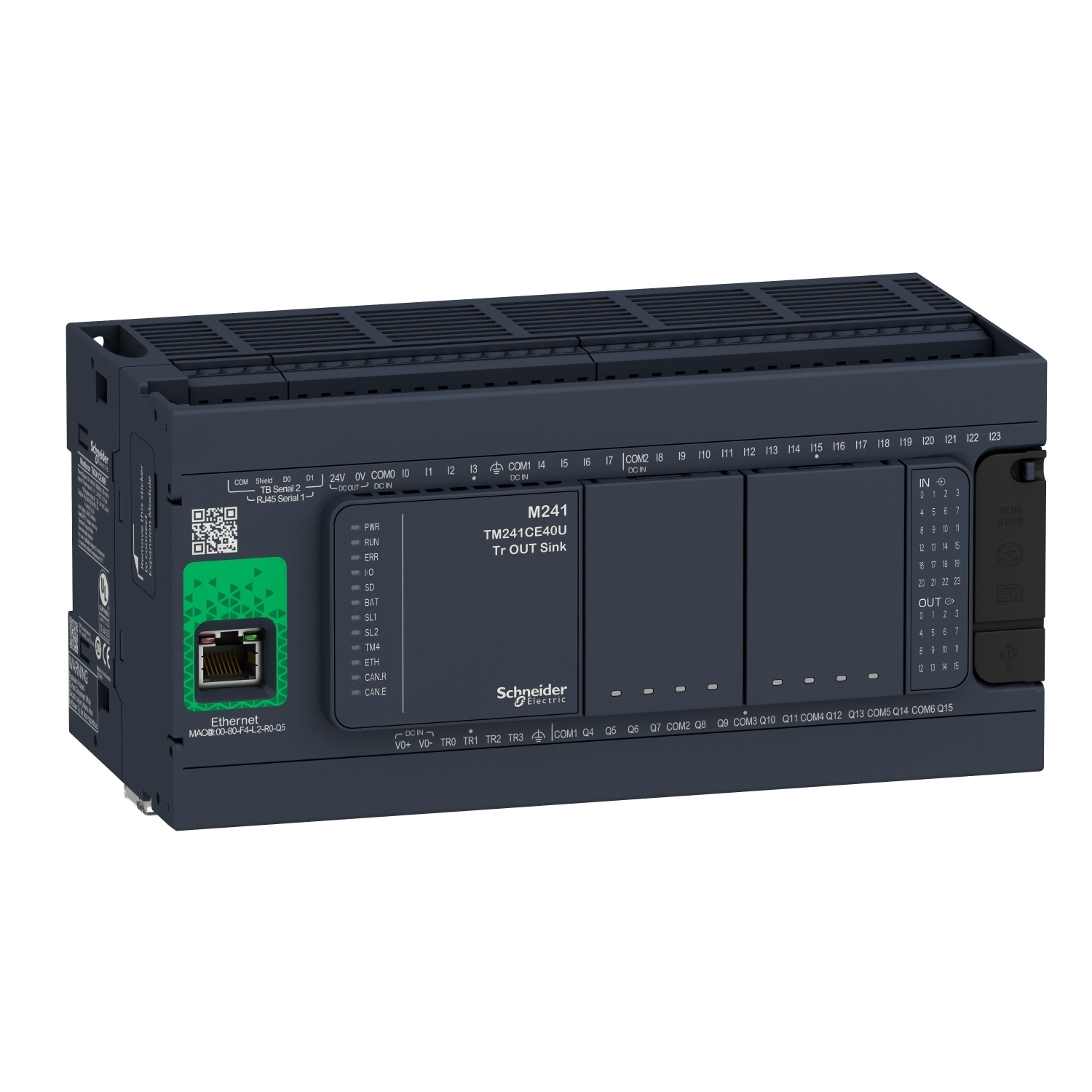 TM241CE40R Modicon Logic Controller With Realtime Clock, 100 to 240 V AC, 7 mA Input, 24 Discrete/8 Fast Inputs, 4 Transistor/4 Fast Outputs