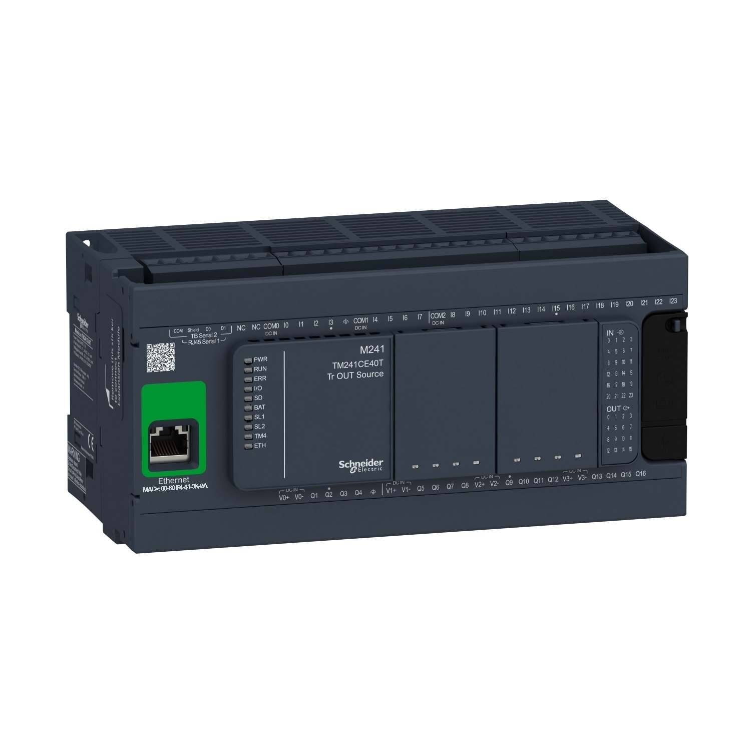 TM241CE40T Modicon Logic Controller With Realtime Clock, 24 V DC, 7 mA Input/10.7 mA Fast Input, 24 Discrete/8 Fast Inputs, 16 Transistor/4 Fast Outputs