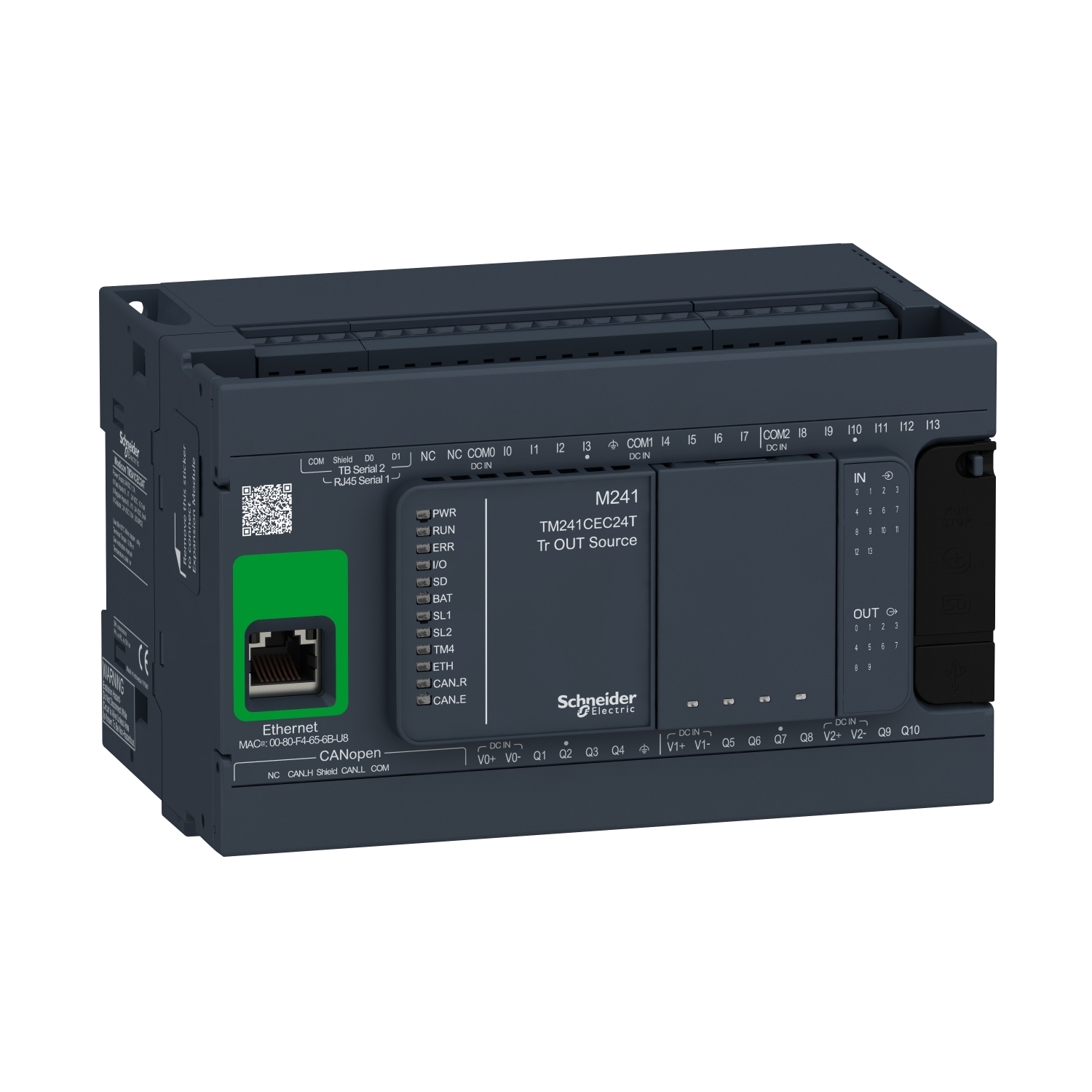 TM241CEC24T I/O Transistor PNP Ethernet Logic Controller, 24 V DC, 5 mA, 24 Inputs, 24 Outputs