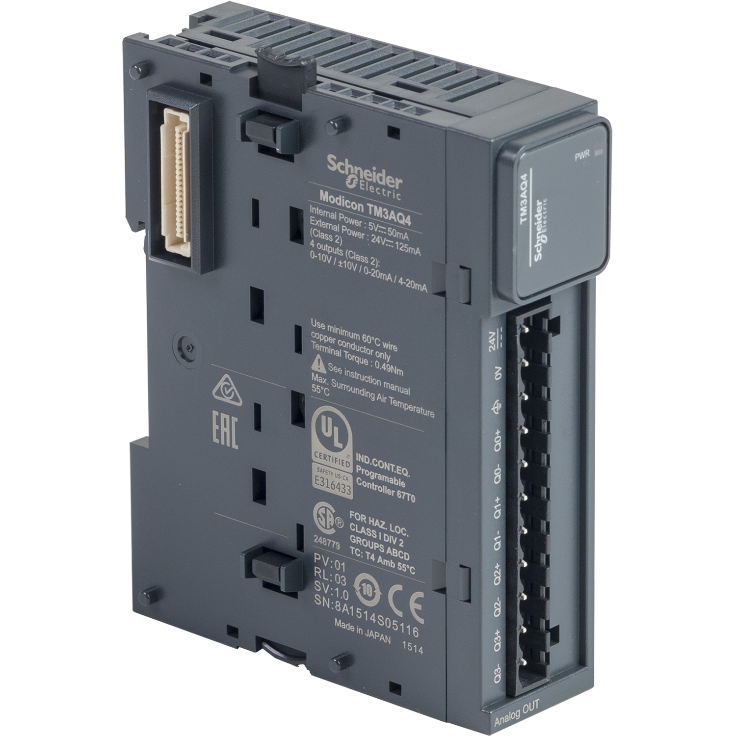 TM3AQ4 Modicon Analog Output Module, 4 Outputs, 0 to 20/4 to 20 mA Signal Range, 12 bit Resolution
