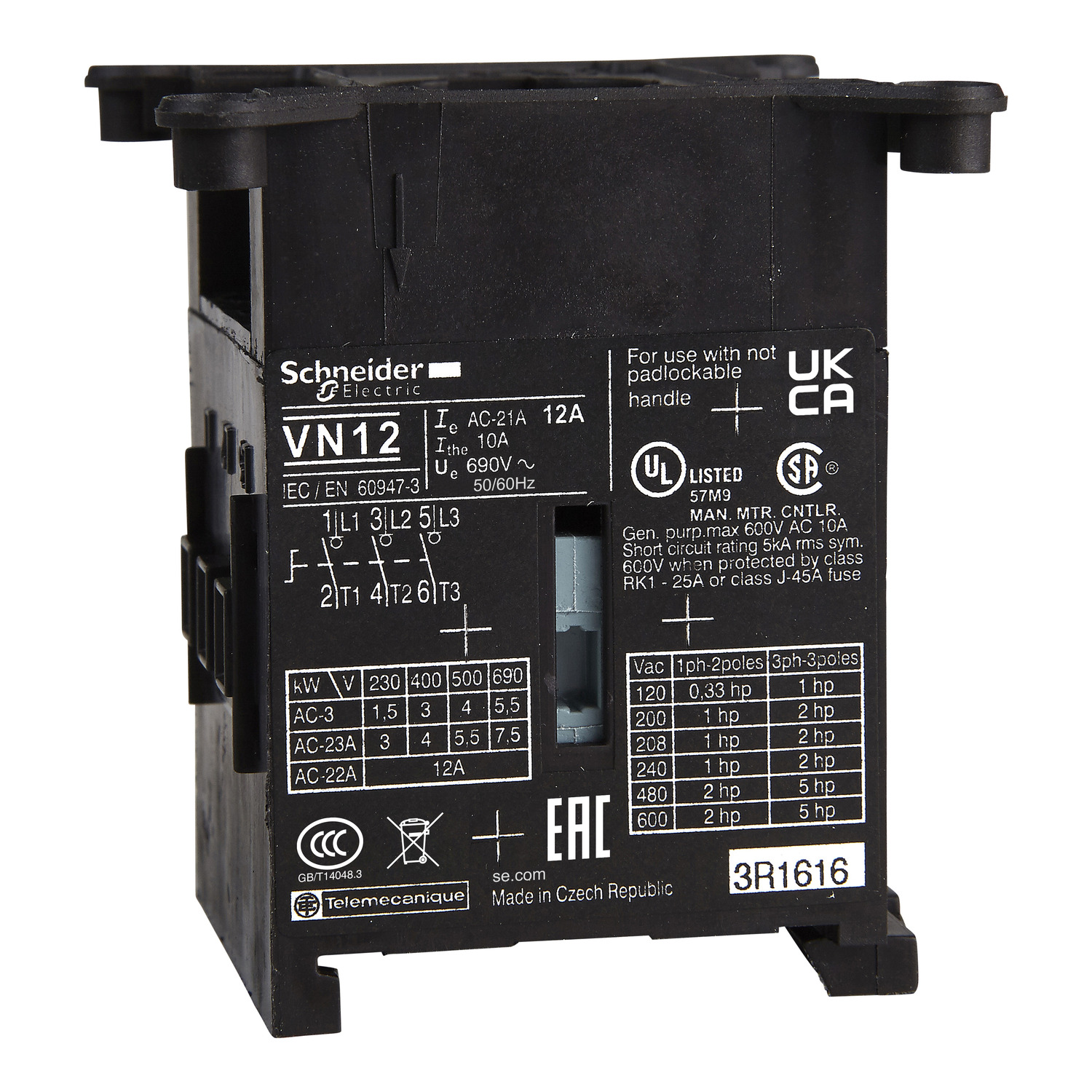 VN12 TeSys Standard Switch Body, For Use With 10/12 A Switch, 12 A, 690 V AC, 50/60 Hz