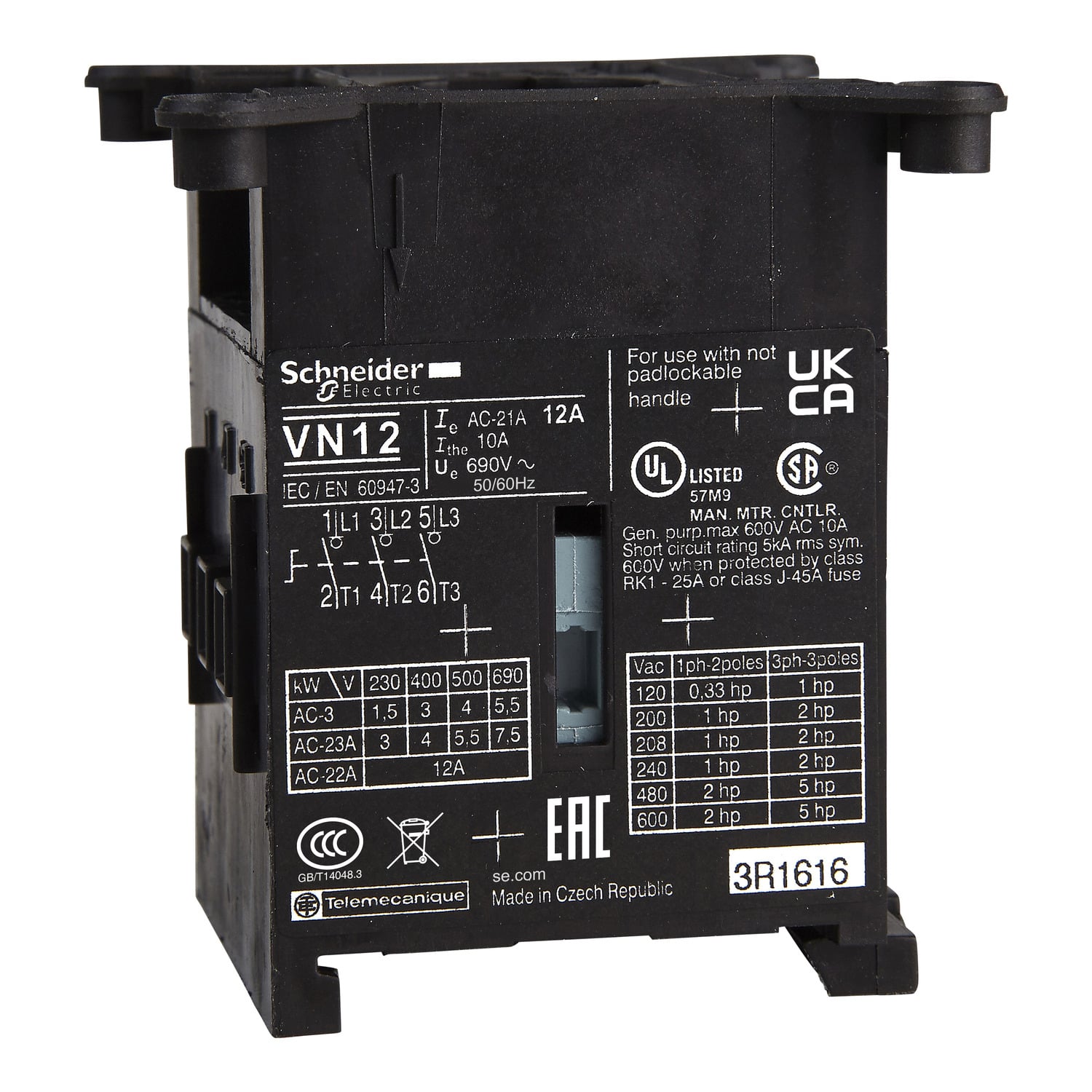 VN20 TeSys 3-Pole Switch Body, For Use With 16/20 A Switch, 20 A, 690 V AC, 50/60 Hz, -4 to 122 deg F