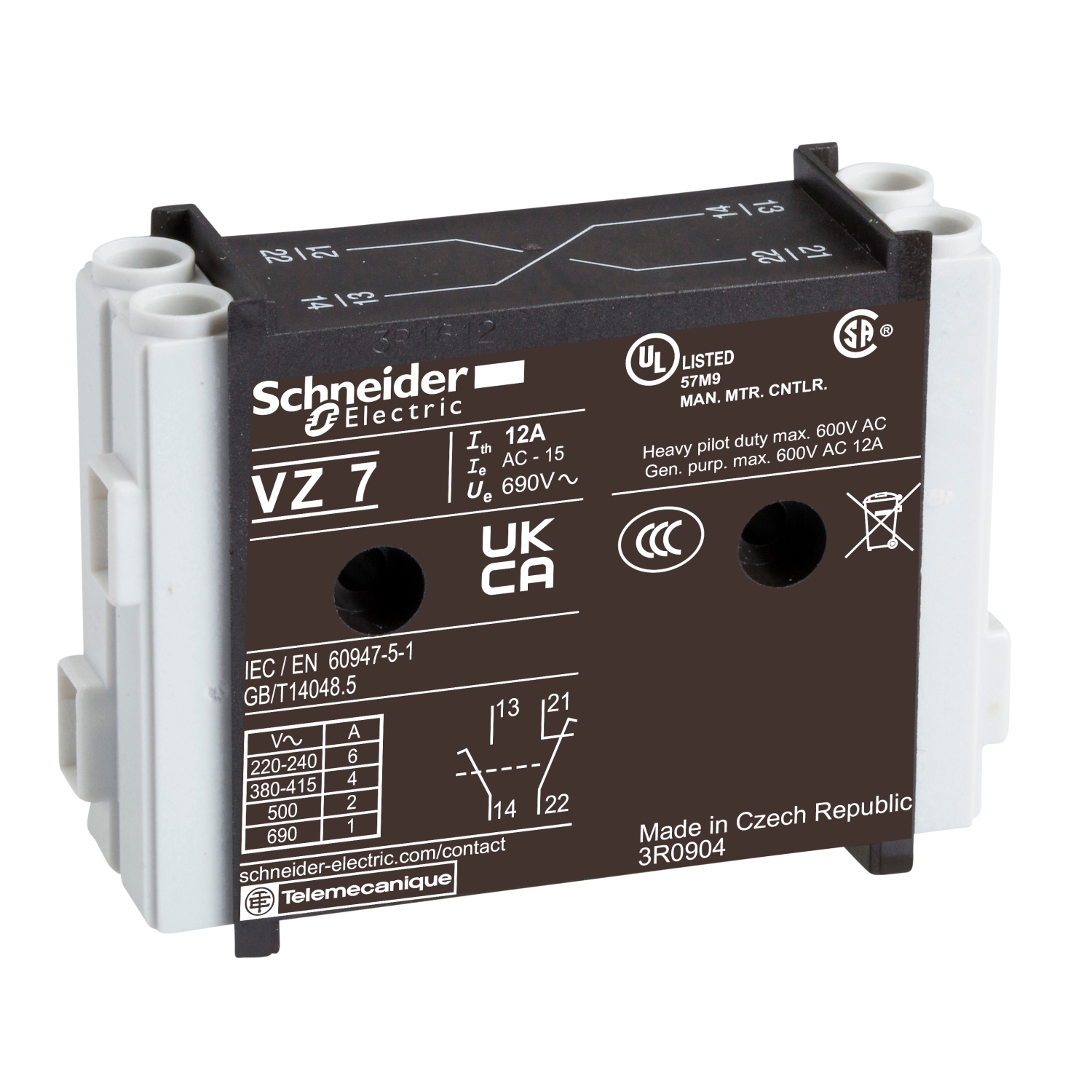 VZ7 VZ Early Break High Performance Late Make Auxiliary Contact Block, 690 V AC, 12 A, 2 Contacts