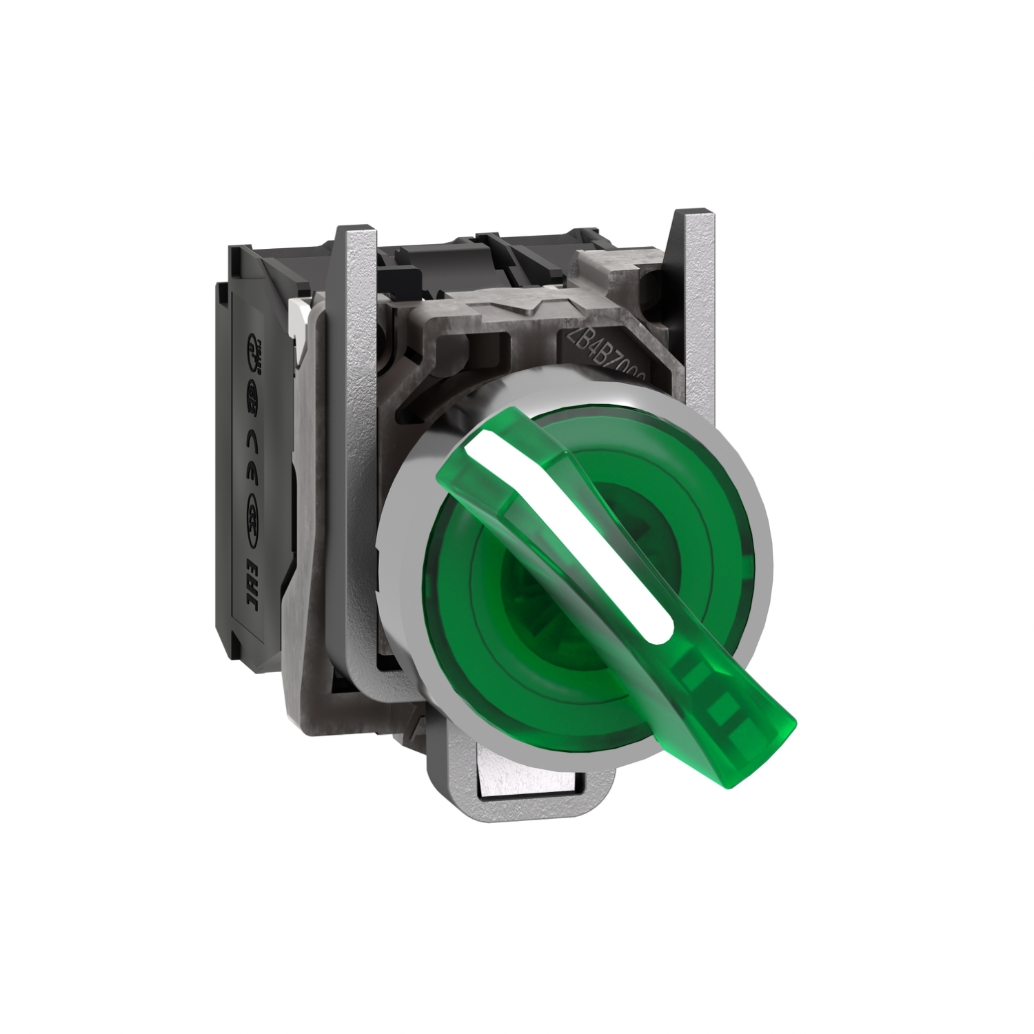 XB4BK123B5 Harmony Illuminated Selector Switch, 22 mm, 1NO-1NC Contact, Slow Break Contact, Lever Operator, Green