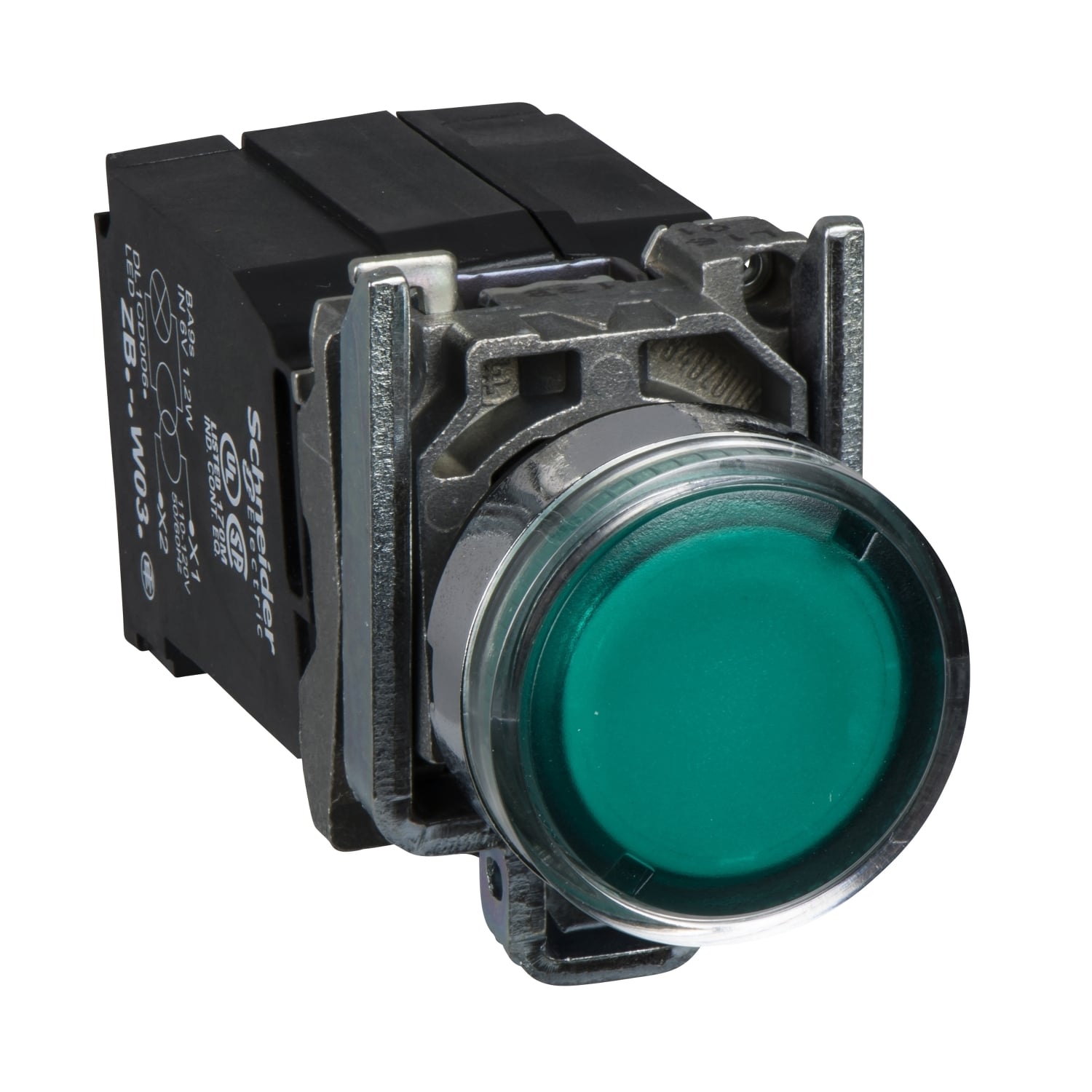 XB4BW3335 Harmony Corrosion-Resistant Dusttight/Watertight Transformer Round Illuminated Pushbutton With Plain Lens, 22 mm, 1NO-1NC Contact, Slow Break Contact, Green