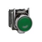 Illuminated push button, Harmony XB4, metal, green flush, 22mm, universal LED, plain lens, 1NO + 1NC, 110...120V AC