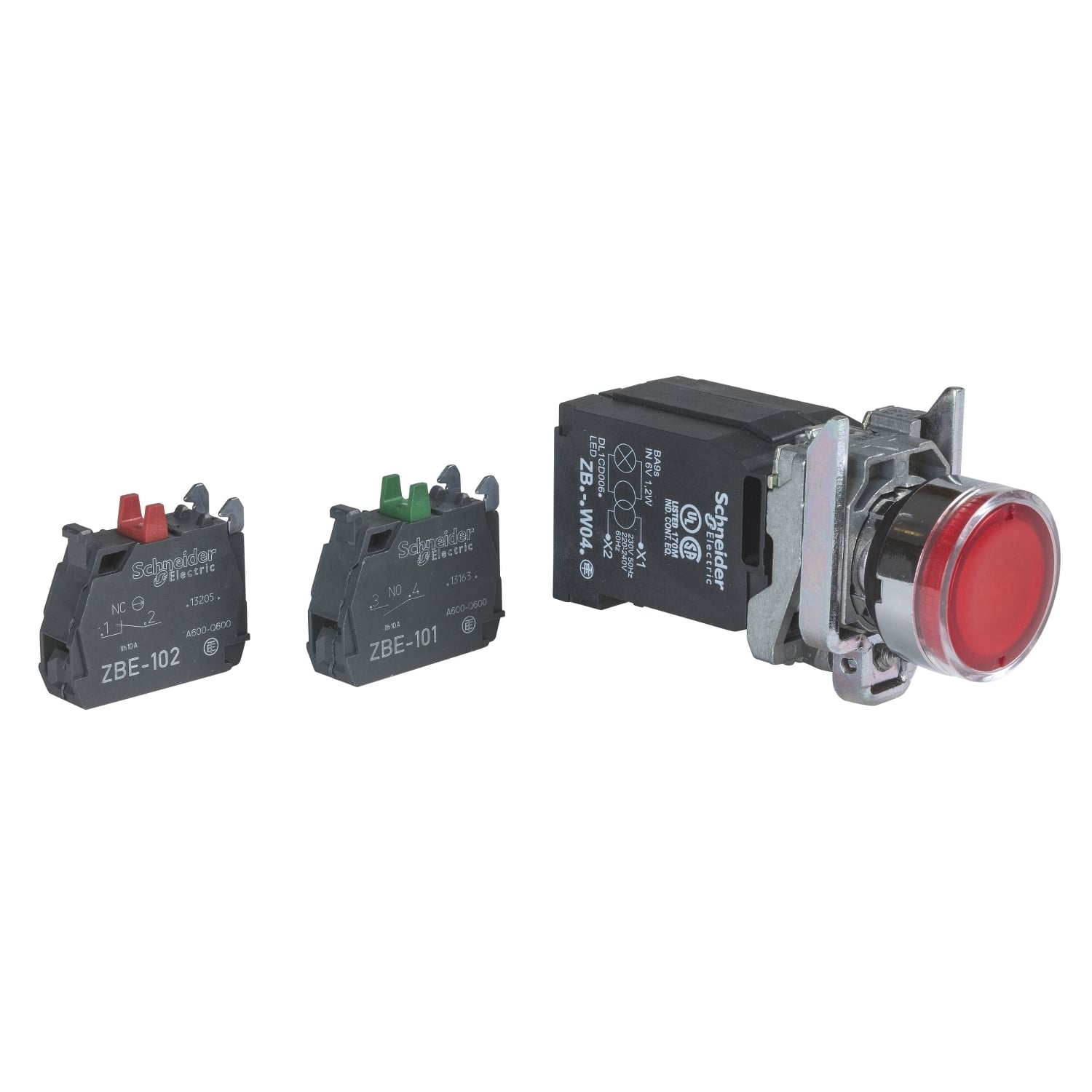 XB4BW3445 Harmony Corrosion-Resistant Dusttight/Watertight Transformer Round Illuminated Pushbutton With Plain Lens, 22 mm, 1NO-1NC Contact, Slow Break Contact, Red