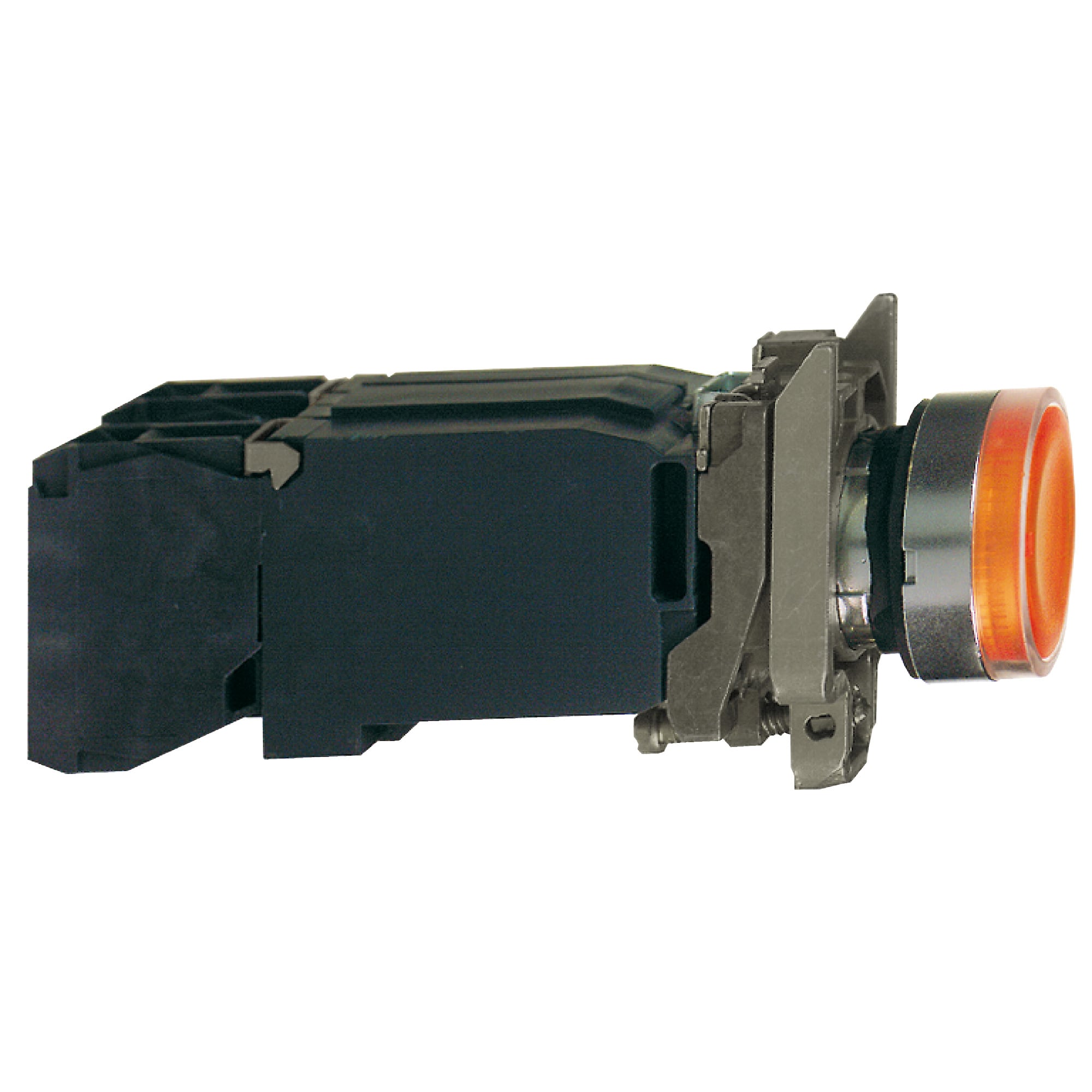 XB4BW3545 Harmony Corrosion-Resistant Dusttight/Watertight Transformer Round Illuminated Pushbutton With Plain Lens, 22 mm, 1NO-1NC Contact, Slow Break Contact, Orange