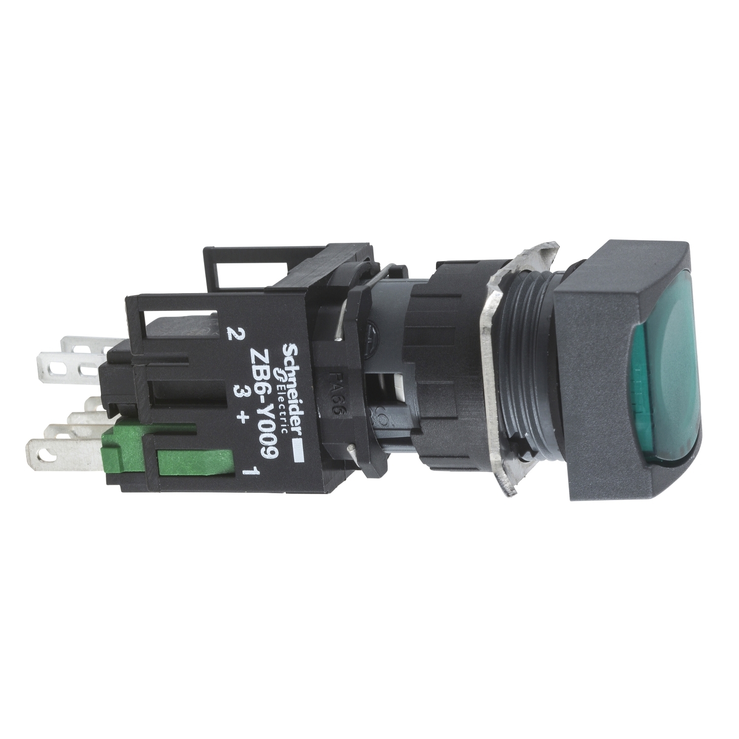 XB6CW3B5B Harmony Complete Corrosion-Resistant Dusttight/Watertight Rectangular Unmarked Illuminated Pushbutton, 16 mm, 1NO-1NC Contact, Slow Break Contact, Green