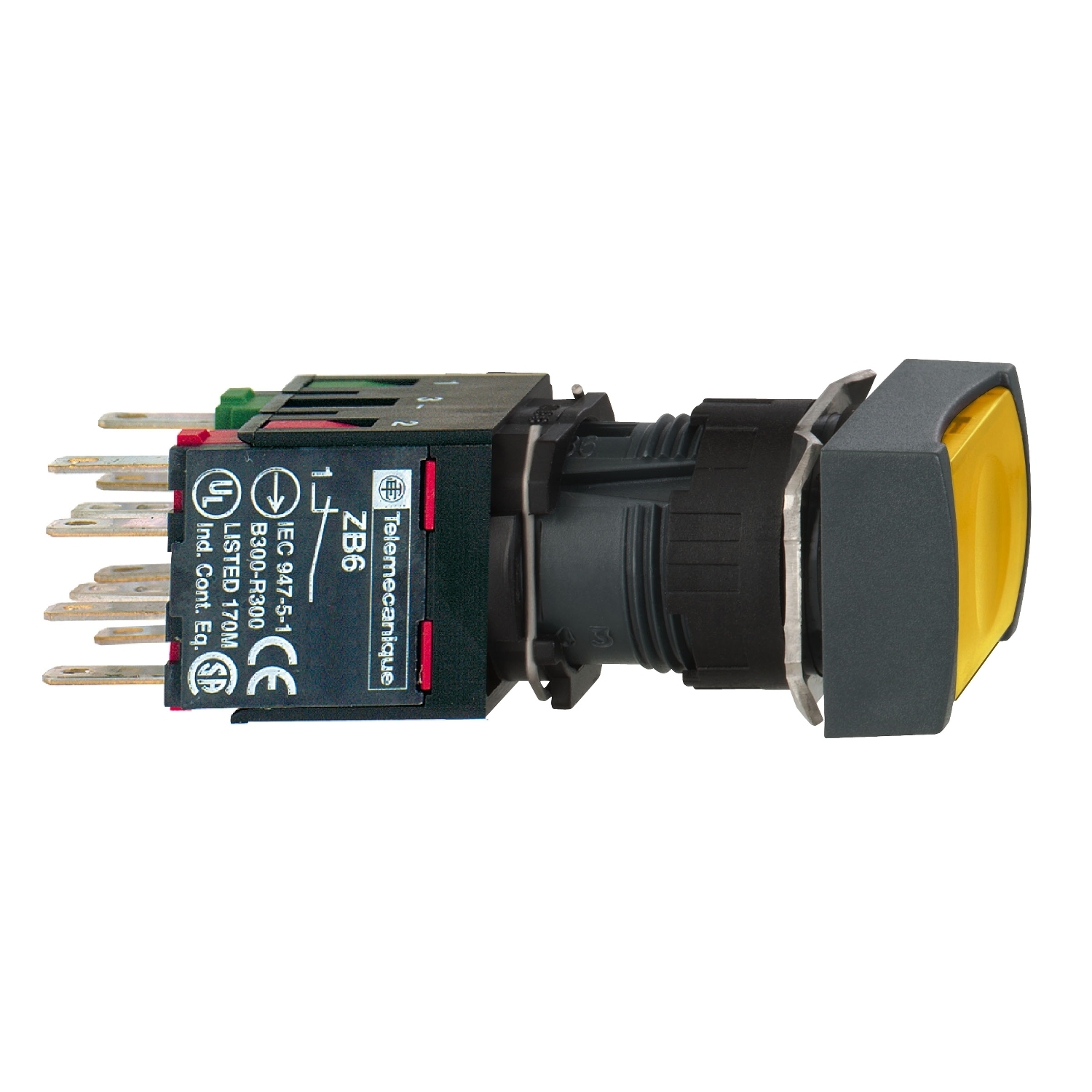 XB6CW5B5B Harmony Complete Corrosion-Resistant Dusttight/Watertight Rectangular Unmarked Illuminated Pushbutton, 16 mm, 1NO-1NC Contact, Slow Break Contact, Yellow