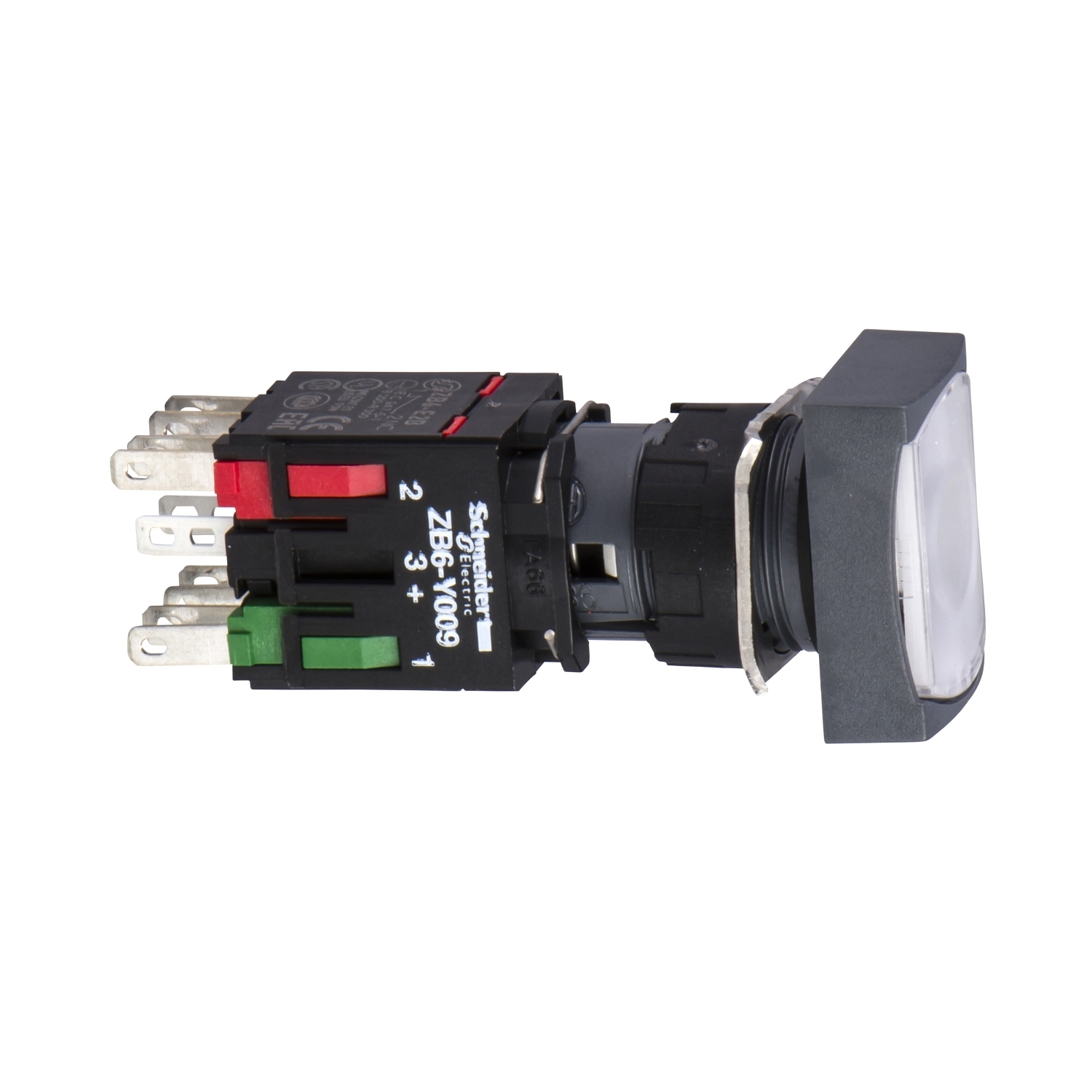 XB6DW1B5B Harmony Corrosion-Resistant Dusttight/Watertight Rectangular Unmarked Illuminated Pushbutton, 16 mm, 1NO-1NC Contact, Slow Break Contact, White