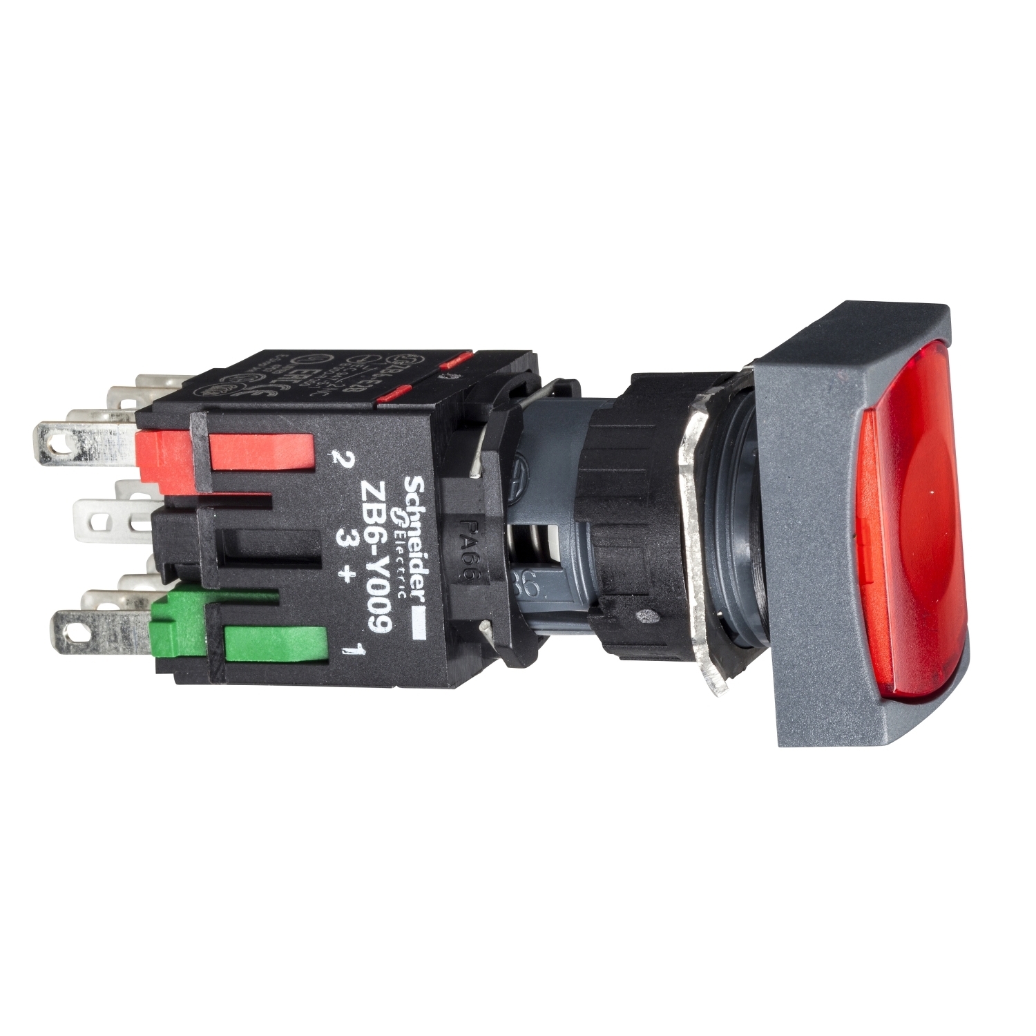 XB6DW4B5B Harmony Complete Corrosion-Resistant Dusttight/Watertight Rectangular Unmarked Illuminated Pushbutton, 16 mm, 1NO-1NC Contact, Slow Break Contact, Red