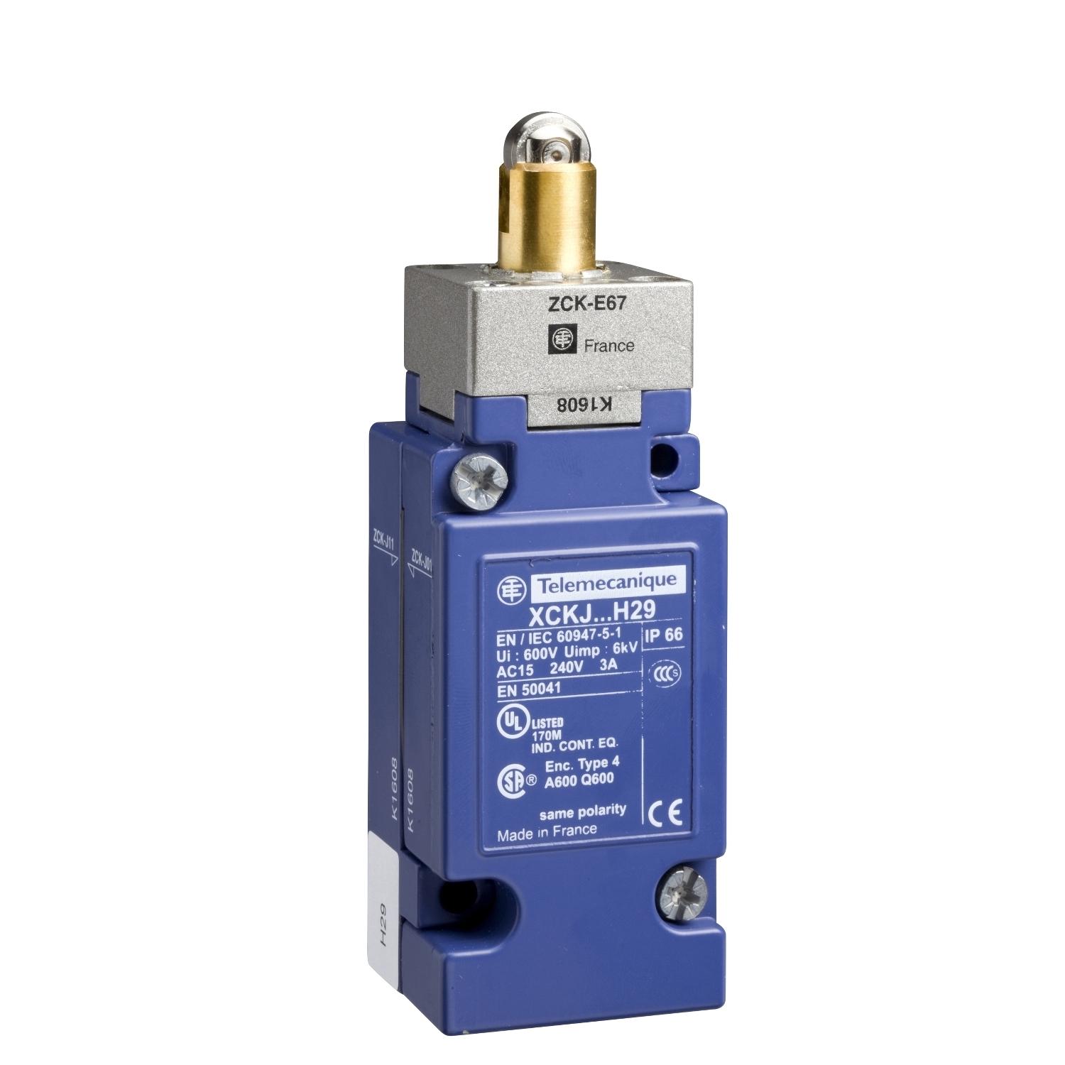 Limit switch,  XC Standard, XCKJ, steel roller plunger reinforced, 600 V AC, 10 A