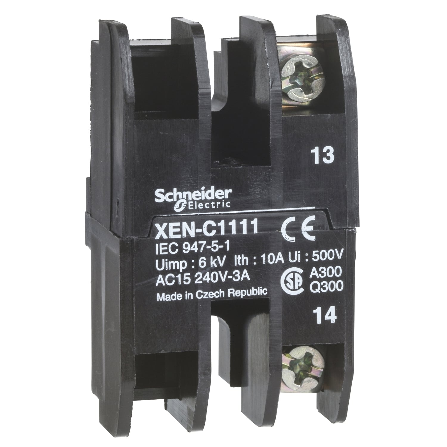 XENB1491 Harmony Pendant Station Contact Block, For Use With XACM/XACB Single Speed Control Circuit, -25 to 70 deg C, 1C/O and 1NO, 10 A, Front Mount, Screw Clamp Terminal, 30 or 40 mm Centre
