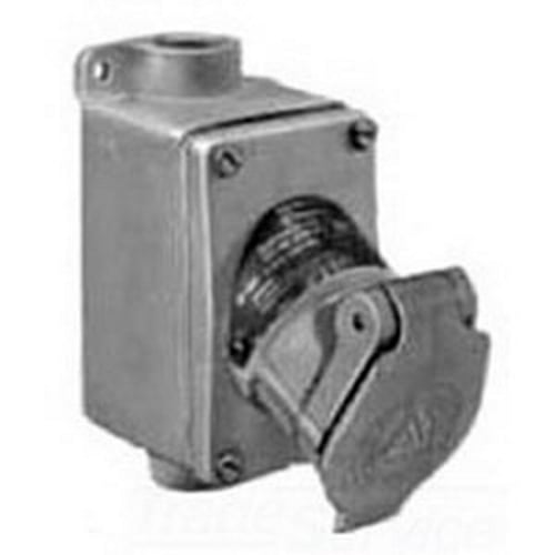Explosionproof Receptacle Assembly, 1-Gang Dust-Ignitionproof Feed Through, 125 VAC, 20 A, 1 hp, 3 Pole, 2 Wires, NEMA 3/3R NEMA, Malleable Iron, 6.5 in H x 2.75 in W x 5.64 in D Dimensions