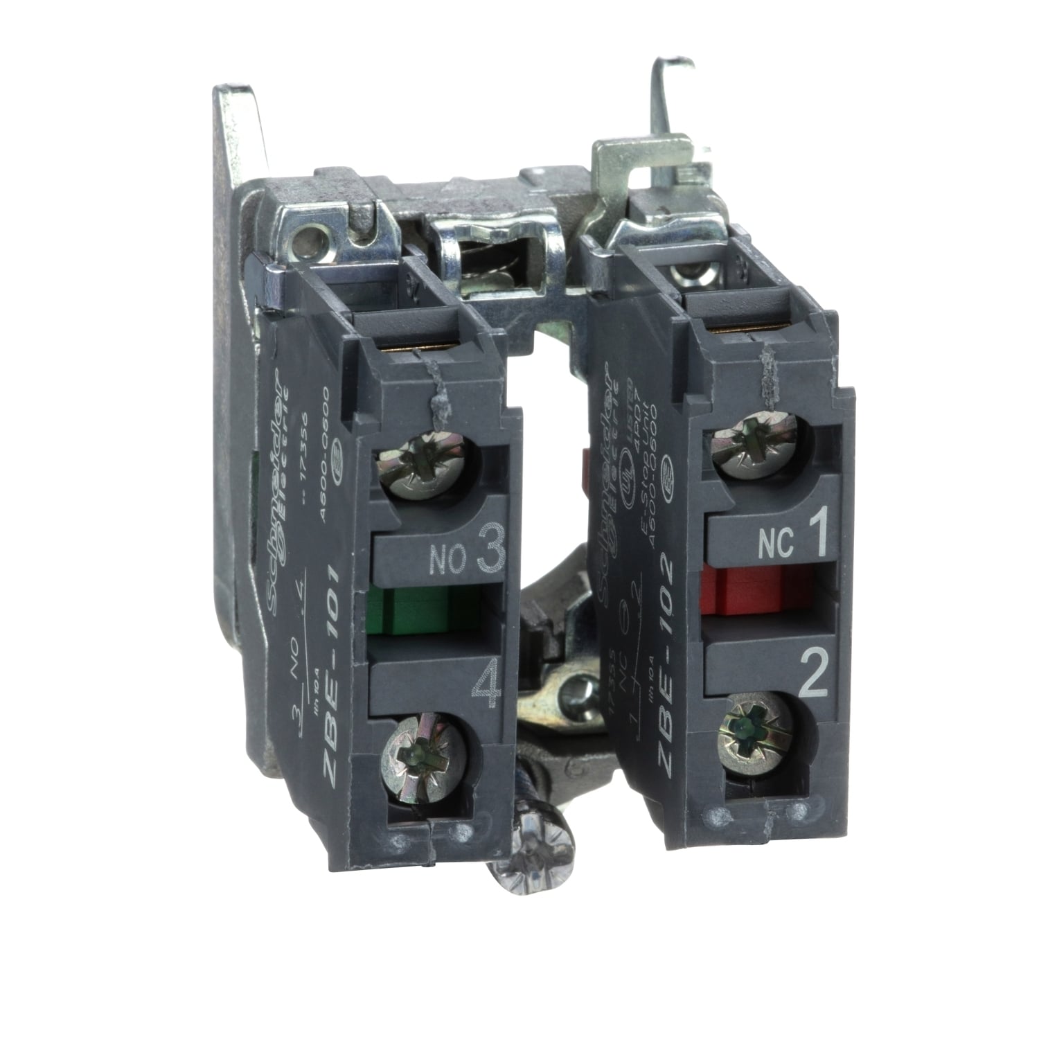 ZB4BZ105 Harmony Slow Break Complete Body/Contact Assembly, 22 mm, 1NO-1NC Contact, 10 A at 600 V AC Contact, Silver Alloy Contact, Momentary Action