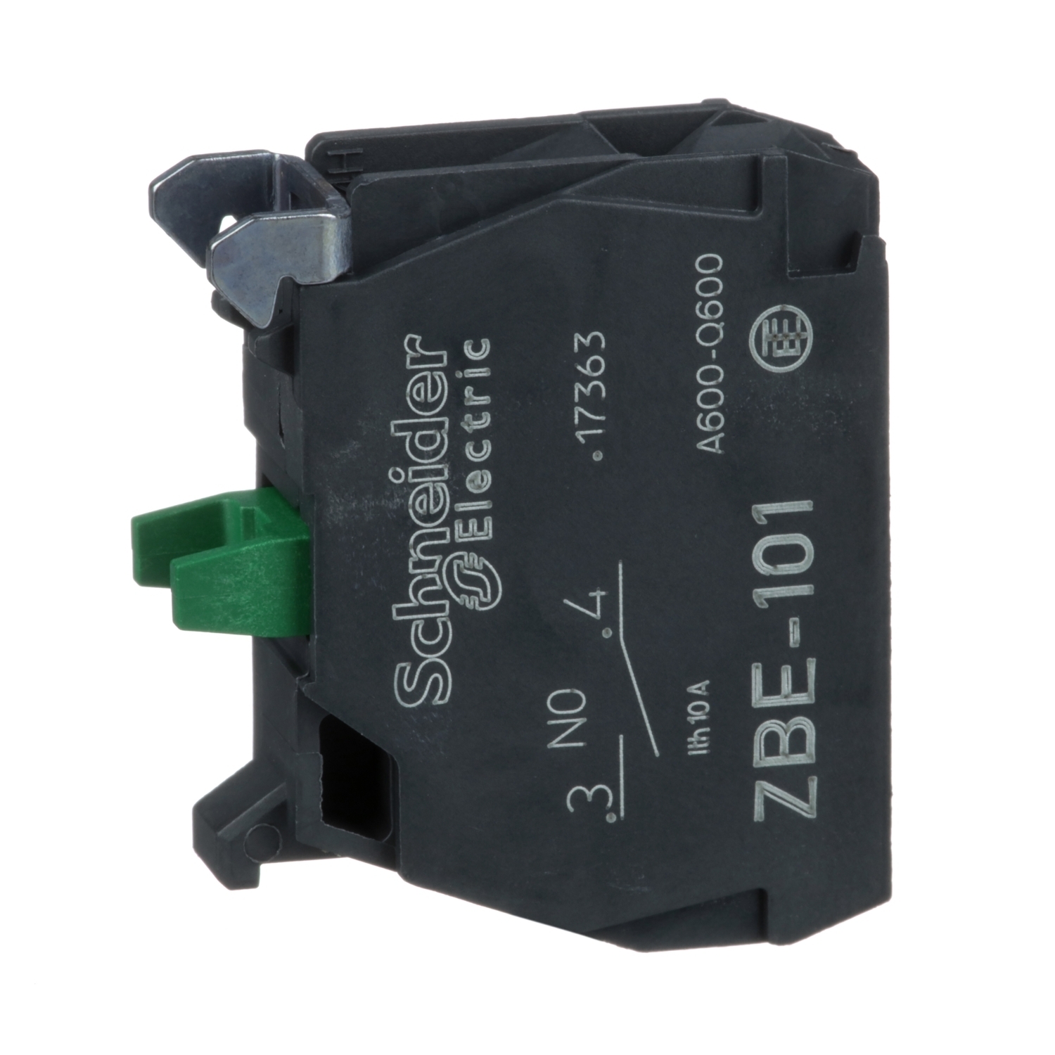 ZBE101 ZBE Slow Break Electrical Component Contact Block, 22 mm, 1NO Contact, 10 A at 600 V AC Contact, Silver Alloy Contact, Momentary Action, Black/Green