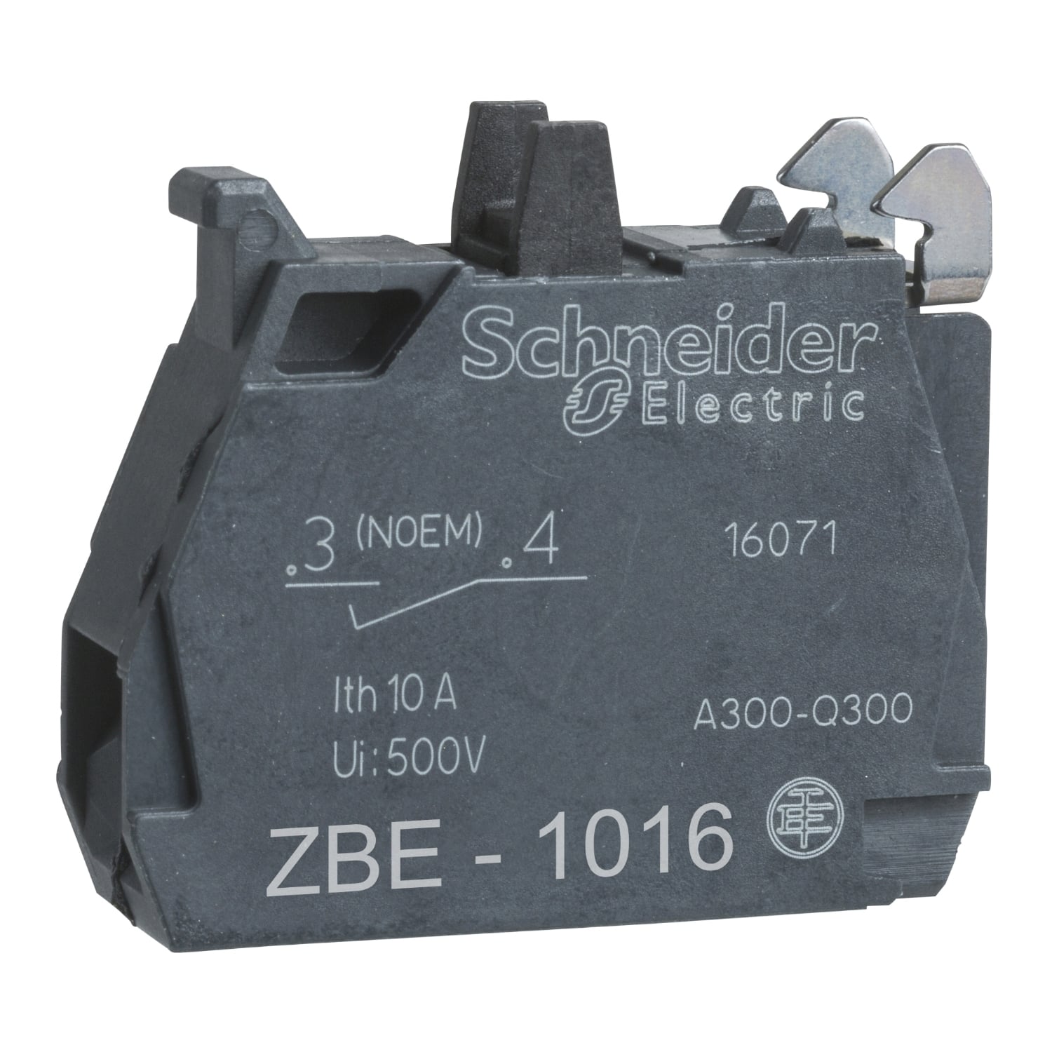 ZBE1016 Harmony Single Electrical Component Contact Block, 22 mm, 1NO Contact, 10 A at 600 V AC, A600 to Q600 Contact, Gold Flashed (Ag/Ni/Au) Contact, Momentary Action, Black/Green