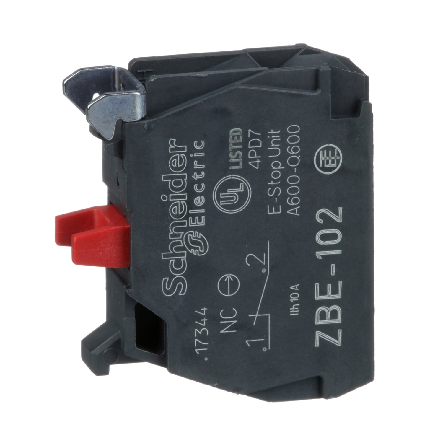ZBE102 Harmony Slow Break Electrical Component Contact Block, 22 mm, 1NC Contact, 10 A at 600 V AC Contact, Silver Alloy Contact, Momentary Action, Black/Red