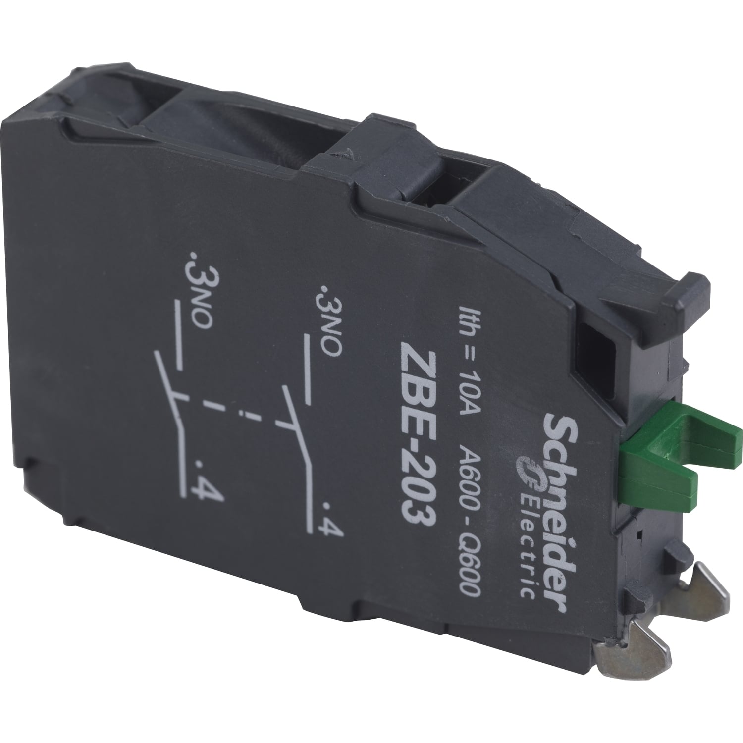 ZBE203 Harmony Slow Break Electrical Component Contact Block, 22 mm, 2NO Contact, 10 A at 600 V AC Contact, Silver Alloy Contact, Momentary Action, Black/Green