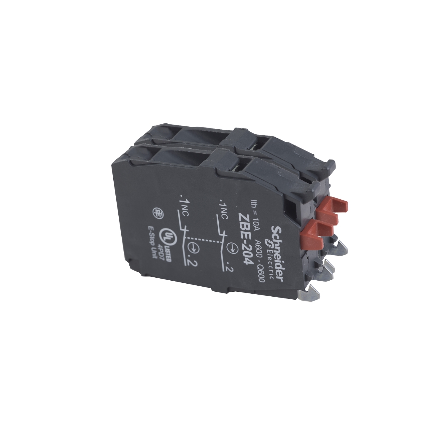 ZBE204 Harmony Double Electrical Component Contact Block, 22 mm, 2NC Contact, 10 A at 600 V AC Contact, Silver Alloy Contact, Momentary Action, Black/Red