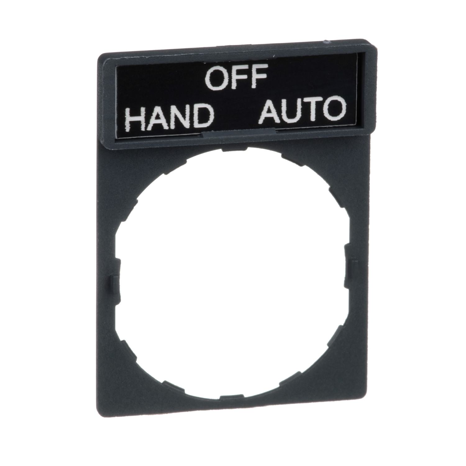 ZBY2387 Harmony Standard Pushbutton Legend Plate, 30 mm H x 40 mm W, Round Plate, Plastic, Black Field